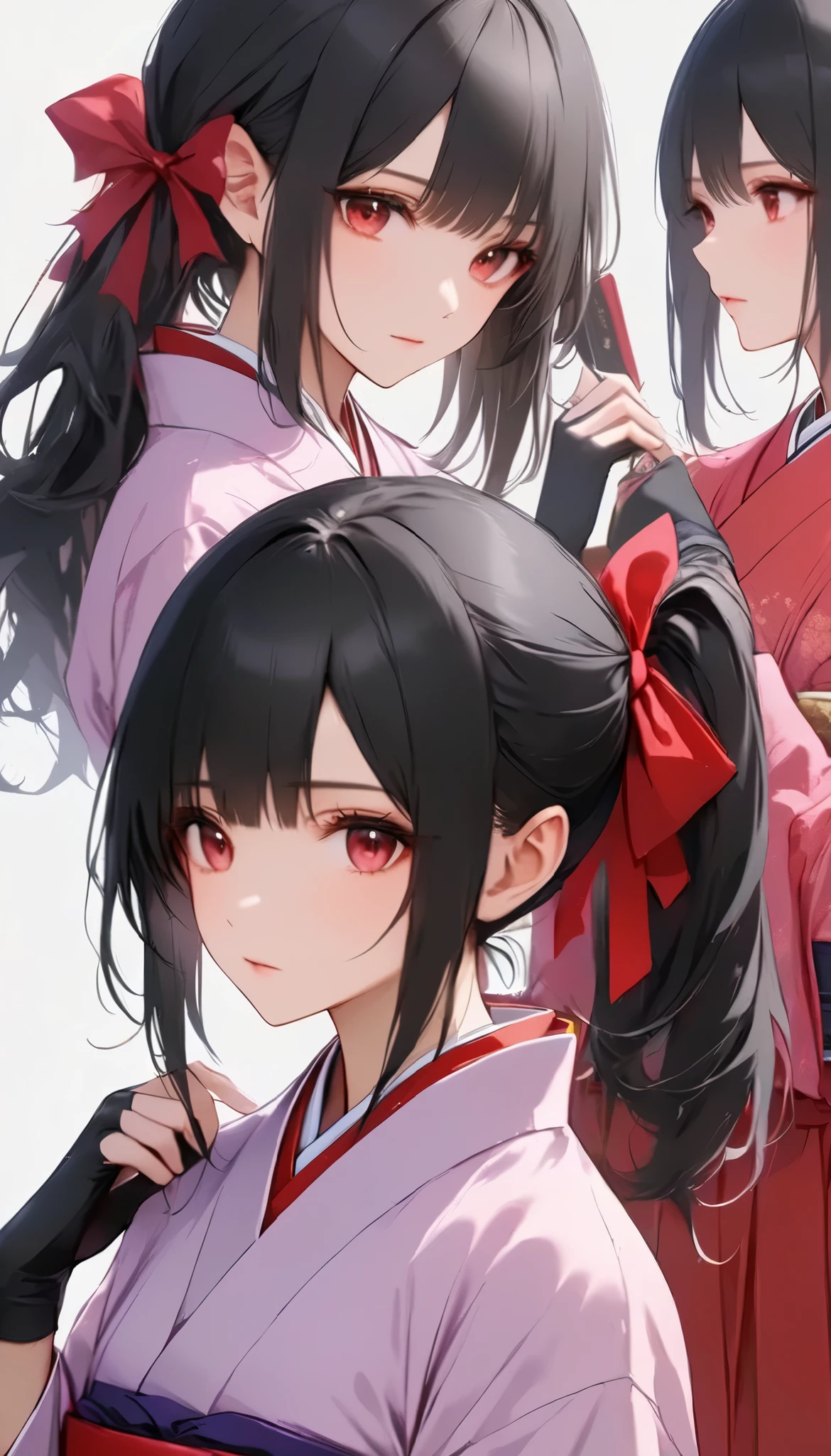score_9, score_8_ up, score_7_ up, very sophisticated , Details, High Quality , 顔のクローズ up、 beautiful, Masterpiece, Details eyes, simple white background, blurry background , Front , unsheathing, Serious, Sakurabase, black hair, hair bow, red ribbon, review, side lock, bangs, ponytail kimono , Red Hakama, pink kimono, Women's uniforms from the Meiji era , purple belt , Fingerless gloves, green close-ups ,, zPDXL