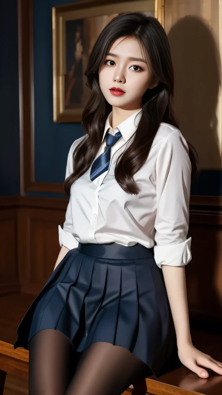 ultra Actual 8k cg, picture- the perfect face, flawless, Clean, masterpiece, Professional Work , Famous Paintings, the perfect face, beautiful face, beautiful eyes, ((perfect female body)), Unique ,( Immersive atmosphere , Light and Dark Contrast:1.5, bright light :1.2,Brilliant lighting )
,,( blush:0.5),Expression, extremely detailed _ eyes, large, plump ,
beautifully 细节ed background,Depth of Field, Actual :1.3, Long Shot,1 Girl,shirt,Pleated Skirt, school uniforms, Sitting, whole body,
( ambient light :1.3),( Cinematic Composition :1.3),( neon on front:0.1),(HDR:0.1),Mood lighting, white pantyhose,