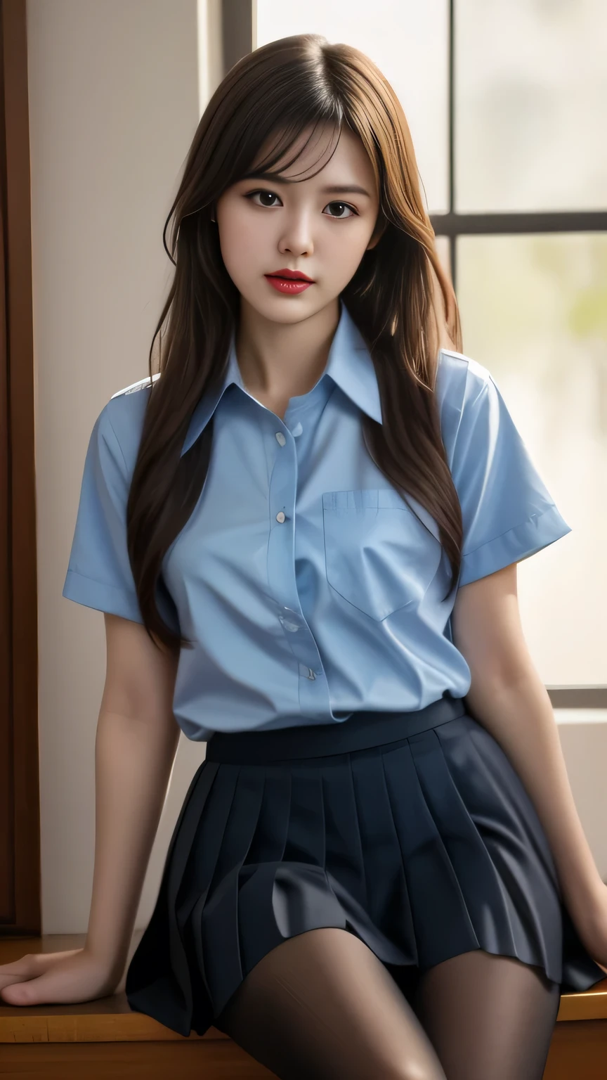 ultra Actual 8k cg, picture- the perfect face, flawless, Clean, masterpiece, Professional Work , Famous Paintings, the perfect face, beautiful face, beautiful eyes, ((perfect female body)), Unique ,( Immersive atmosphere , Light and Dark Contrast:1.5, bright light :1.2,Brilliant lighting )
,,( blush:0.5),Expression, extremely detailed _ eyes, large, plump ,
beautifully 细节ed background,Depth of Field, Actual :1.3, Long Shot,1 Girl,shirt,Pleated Skirt, school uniforms, Sitting, whole body,
( ambient light :1.3),( Cinematic Composition :1.3),( neon on front:0.1),(HDR:0.1),Mood lighting, white pantyhose,