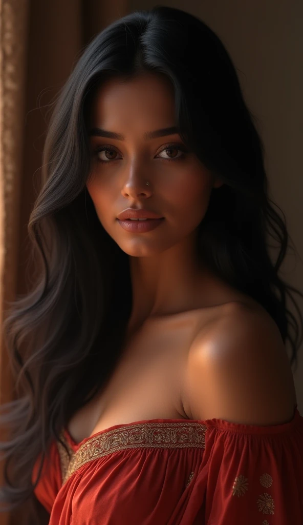 Portrait of confident-looking indian woman with pottu and long flowing hair, wearing bikini, hazel eyes, medium_breasts, infrant pose, perfect composition, super detailed, 4k, high quality, sharp focus, studio photo, intricate details, highly detailed, ), (softer lighting: 1.05), (increase the quality of cinematic lighting: 0.9),  realistic lighting, backlight, light on the face, ray trace, (bright light: 1.2), (increase quality: 1.4),