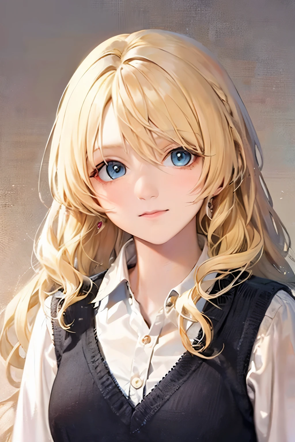 LunaLoveGood , blond hair , wide hair, curly tips , Blue eyes,mirada soñadora De pie con wide hair