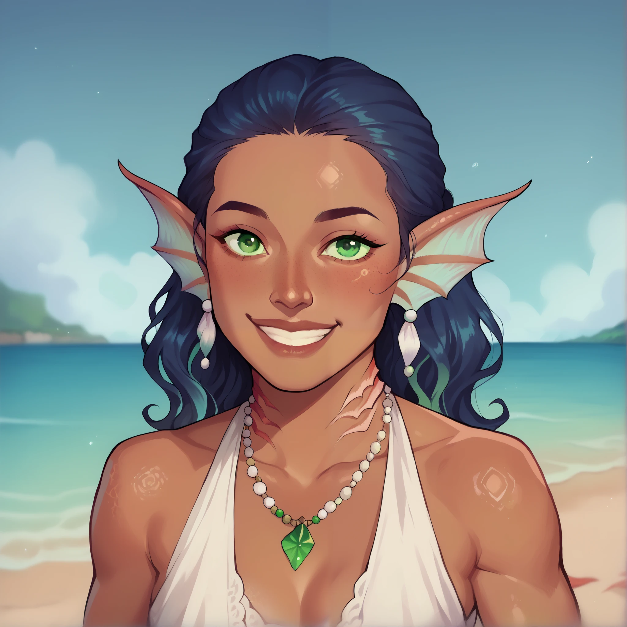 (((beautiful, high quality, comics style, detailed face))), score_9, score_8_up, score_7_up, BREAK, 22-year-old, (Maori girl:1.5, flat nose, dark skin), ((gills and fins, scales)), dark blue hair, wavy hair, long, and full hair, ((green eyes:1.5)), ((tender and charming smile, great smile, exudes joy)), ((action pose, playing a ukulele)), wearing a long-sleeved linen white dress, bare shoulders, (shell necklace), outdoor, fantasy beach background, blurred background, DeepNegative_xl_v1, zPDXL3, detailxl, Smooth Quality - Illustrious