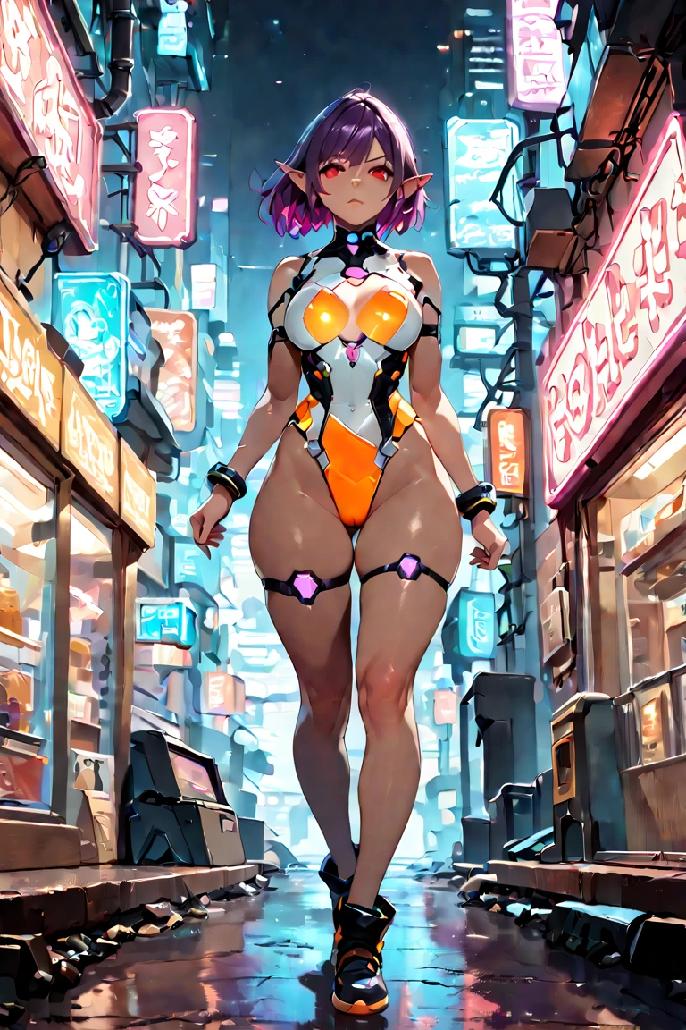 ((1girl)),((alone)),rebecca \(cyberpunk\),(masterpiece), (best quality), (ultra detailed), (best illustration), (best shadow), (absurdities), sharp focus , cowboy shot, atmospheric perspective, depth of field, dynamic posture, ((looking at viewer)), small breasts, narrow waist, wide hips, medium thighs, round butt, erotic, romantic, (highly detailed eyes, lips 1.1) , very detailed eyes, eyes, Very detailed face, Very beautiful face, Symmetrical face, Aesthetic face, perfect face, perfect eyes, detailed eyelashes: 1.5), full height, beautiful slim figure, femininity, expressive appearance, elastic small breasts, sexuality ,parted lips,twin tail, headband, mechanical eye, colored sclera, red sclera, colored skin, white skin, tattoo on leg, tattoo on neck, aqua green hair, long hair, underwear, lingerie black:1.4, black pantyhose:1.3, fangs, red pupils, yellow iris, fur fangs, red eyes, bare arms, bare waist, navel, bare legs, holding pink gun, curves, defined body, perfect and beautiful body, perfect and beautiful, closed mouth, mocking smile, mocking grimace,(sexy pose: 1.2), ((solo)), standing: 1.3,((interior, futuristic apartment, discarded clothes, garbage on the floor, beer cans, bed, window, cybeppunk landscape, cityscape, cybeppunk city, neon lights, night, city lights)), Looking forward, ((centered on hips: 1.4)), point of view: (from below), perfect anatomy , perfect hands