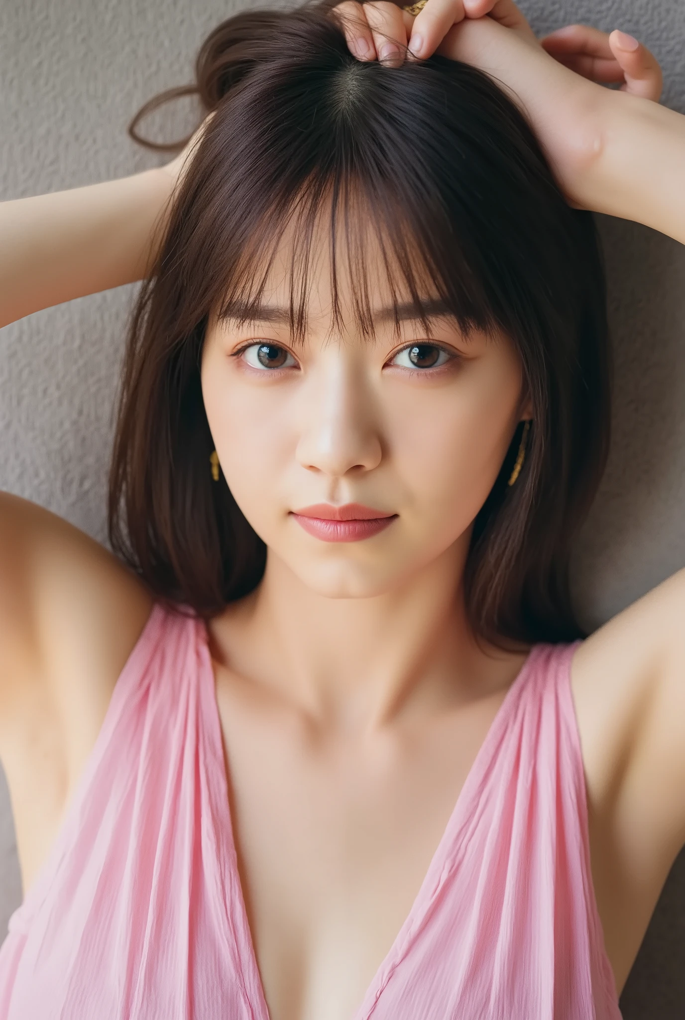 A beautiful woman in a pink micro bikini, lying on a bed in a bedroom, raising her arms to show her armpits, close-up detailed portrait, (best quality,4k,8k,highres,masterpiece:1.2),ultra-detailed,(realistic,photorealistic,photo-realistic:1.37),HDR,UHD,studio lighting,ultra-fine painting,sharp focus,physically-based rendering,extreme detail description,professional,vivid colors,bokeh,detailed eyes,detailed lips,extremely detailed face,longeyelashes,bedroom,1girl,sensual,erotic,intimate,sexy pose
