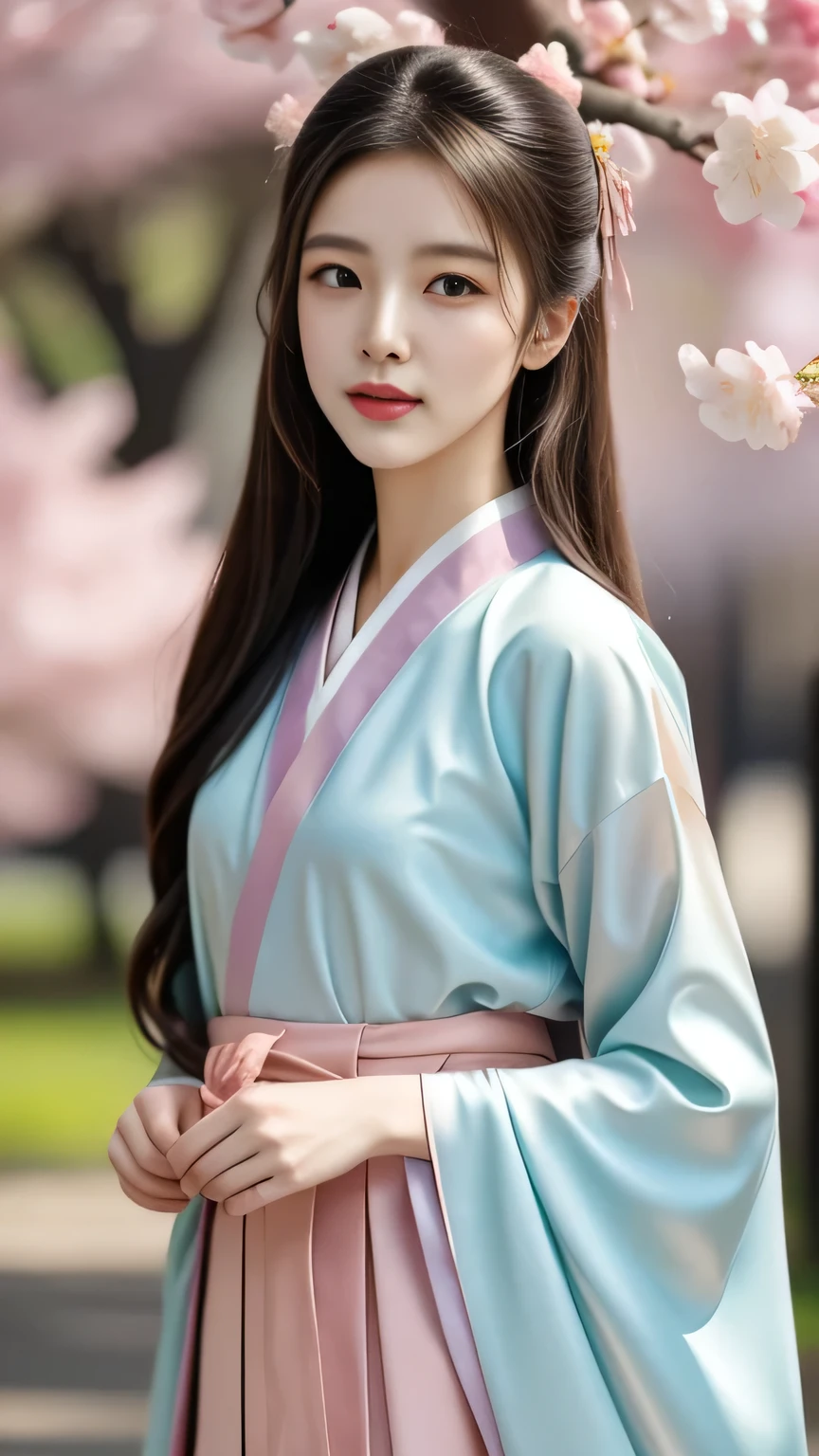 “A classical beauty in Hanfu , standing under a cherry blossom tree,A gentle breeze, petals falling。 She has exquisite facial features , with long dark hair in a bun ,Wearing a delicate jade hairpin 。 The background is a hazy pink cherry blossom forest , The sun shines a soft glow through the petals, It makes them the focus of the picture 。, the picture style is a gongji drawing ,Delicate and layered, shows a perfect fusion of classical and romance 。”