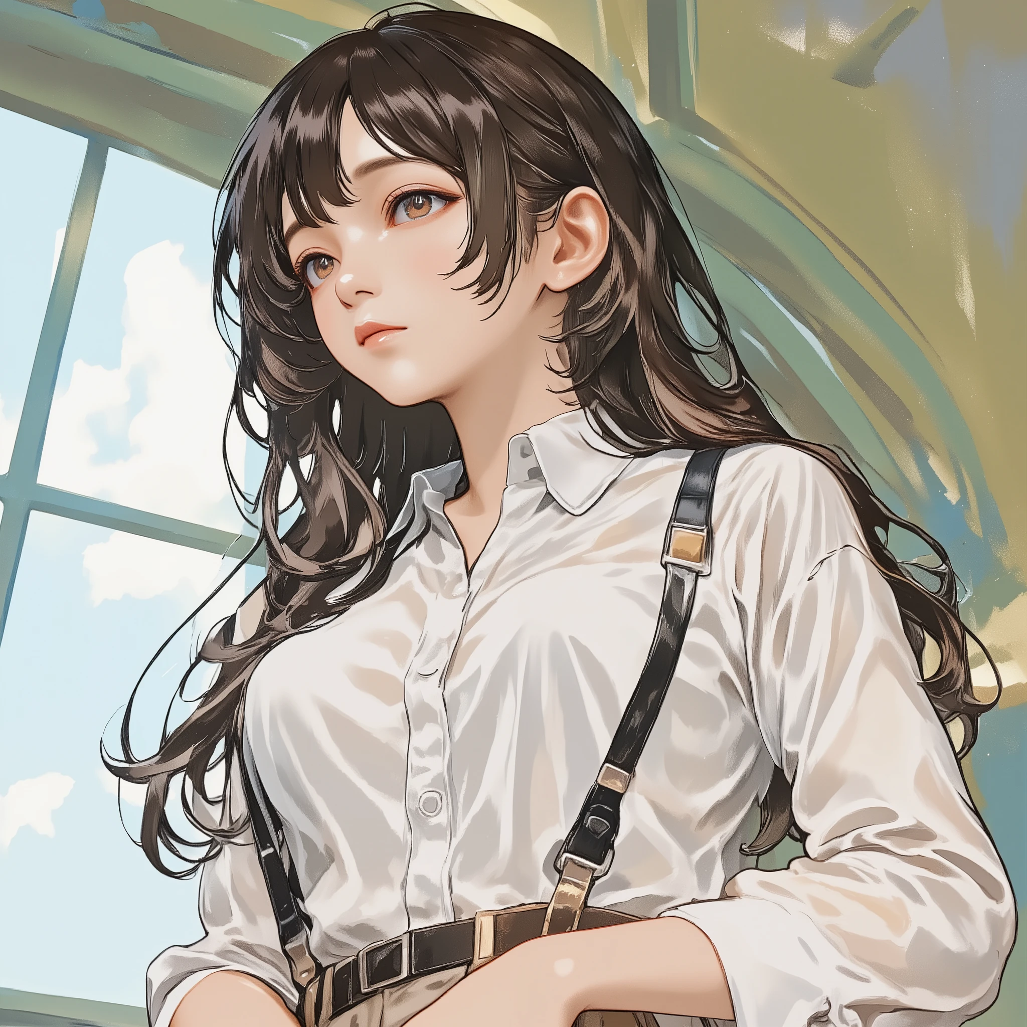 1girl,under breasts extreme close-up,low angle,dress shirts,do not expose outfit,