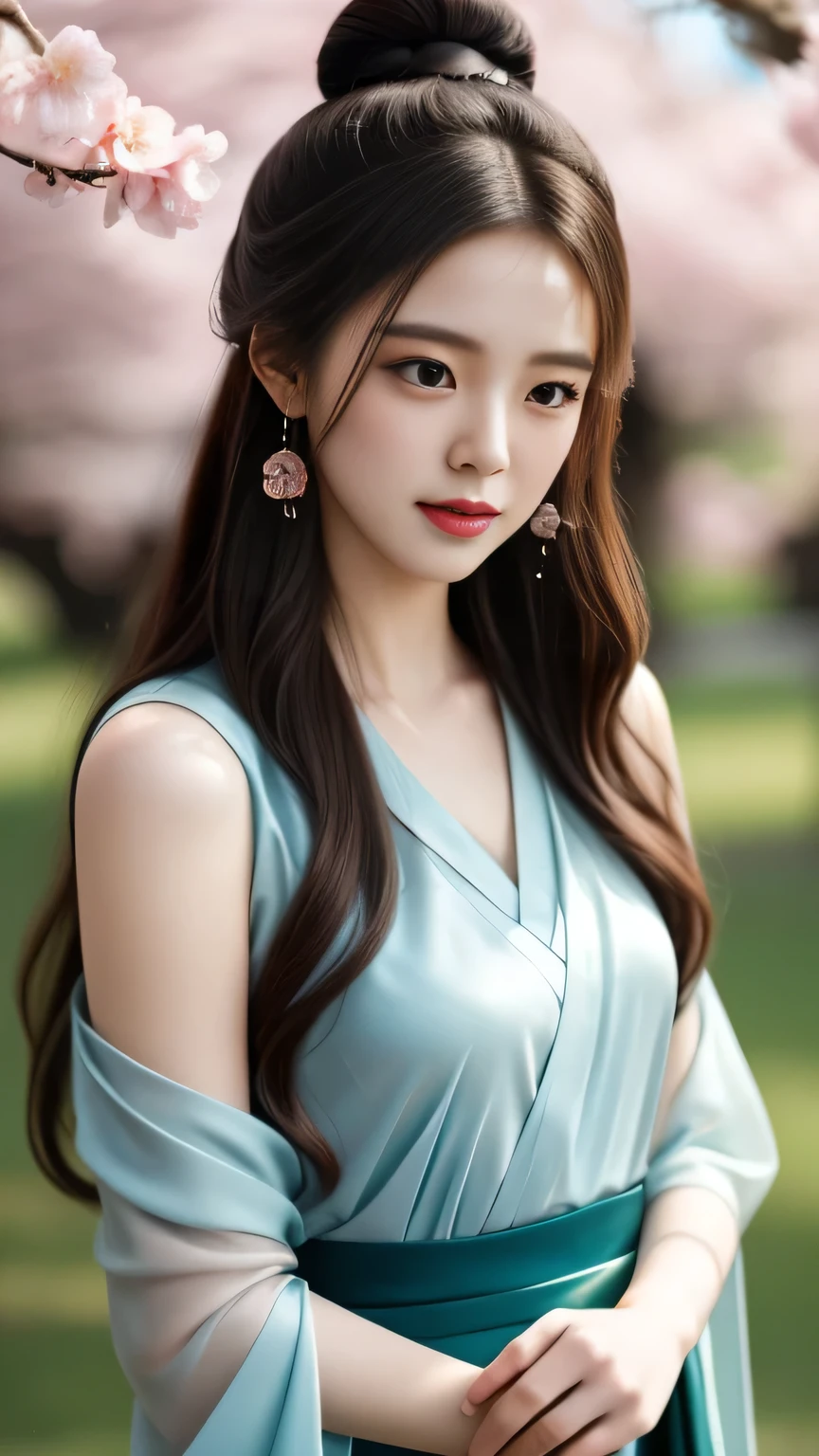  “A classical beauty in Hanfu ， standing under a cherry blossom tree，A gentle breeze， petals falling。 She has exquisite facial features ， with long dark hair in a bun ，Wearing a delicate jade hairpin 。 The background is a hazy pink cherry blossom forest ， The sun shines a soft glow through the petals， It makes them the focus of the picture 。, the picture style is a gongji drawing ，Delicate and layered， shows a perfect fusion of classical and romance 。”