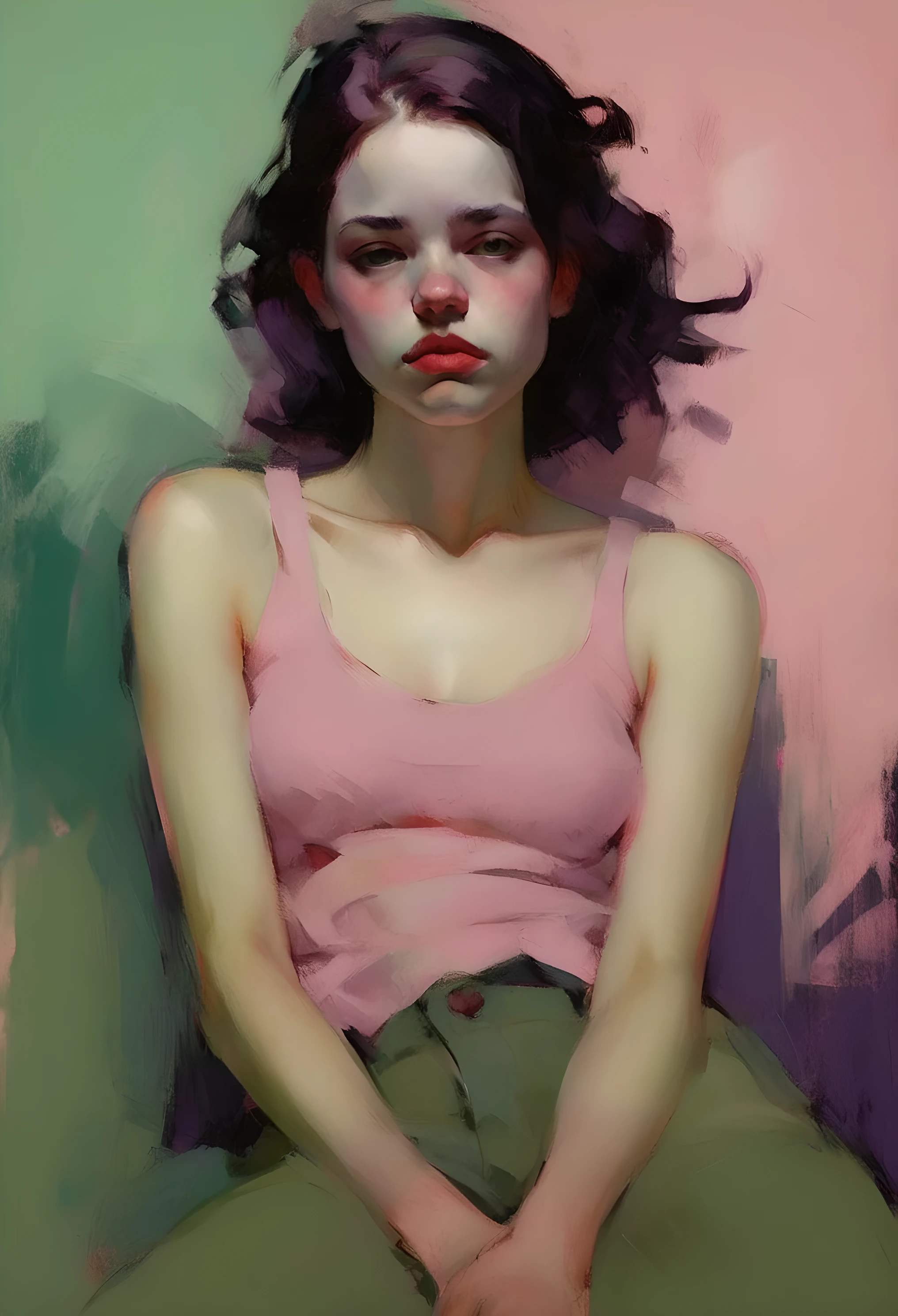 Create a portrait of a young woman in a semi-reclining pose with a pensive expression. Use a painterly style inspired by Malcolm Liepke, characterized by expressive brushstrokes and rich texture. Employ a color palette of muted greens, soft pinks, deep purples, and subtle flesh tones to evoke a sense of depth and emotion. The background should consist of abstract, textured layers in complementary colors, blending seamlessly with the figure. Pay attention to the contrast between the smooth, detailed rendering of the face and the rough, textured application of paint in the surrounding areas. Capture the delicate balance of vulnerability and strength in the subject's gaze and posture