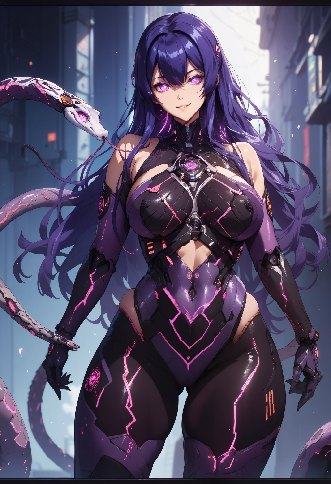 Sci-fi style girl. Mechanical bodysuit. Purple image color. Long hair. Straight hair. Even bangs. Smiling. Glowing eyes. Multiple snakes growing from body. Mechanical snake. Thighs. Thick legs. Breasts perky.