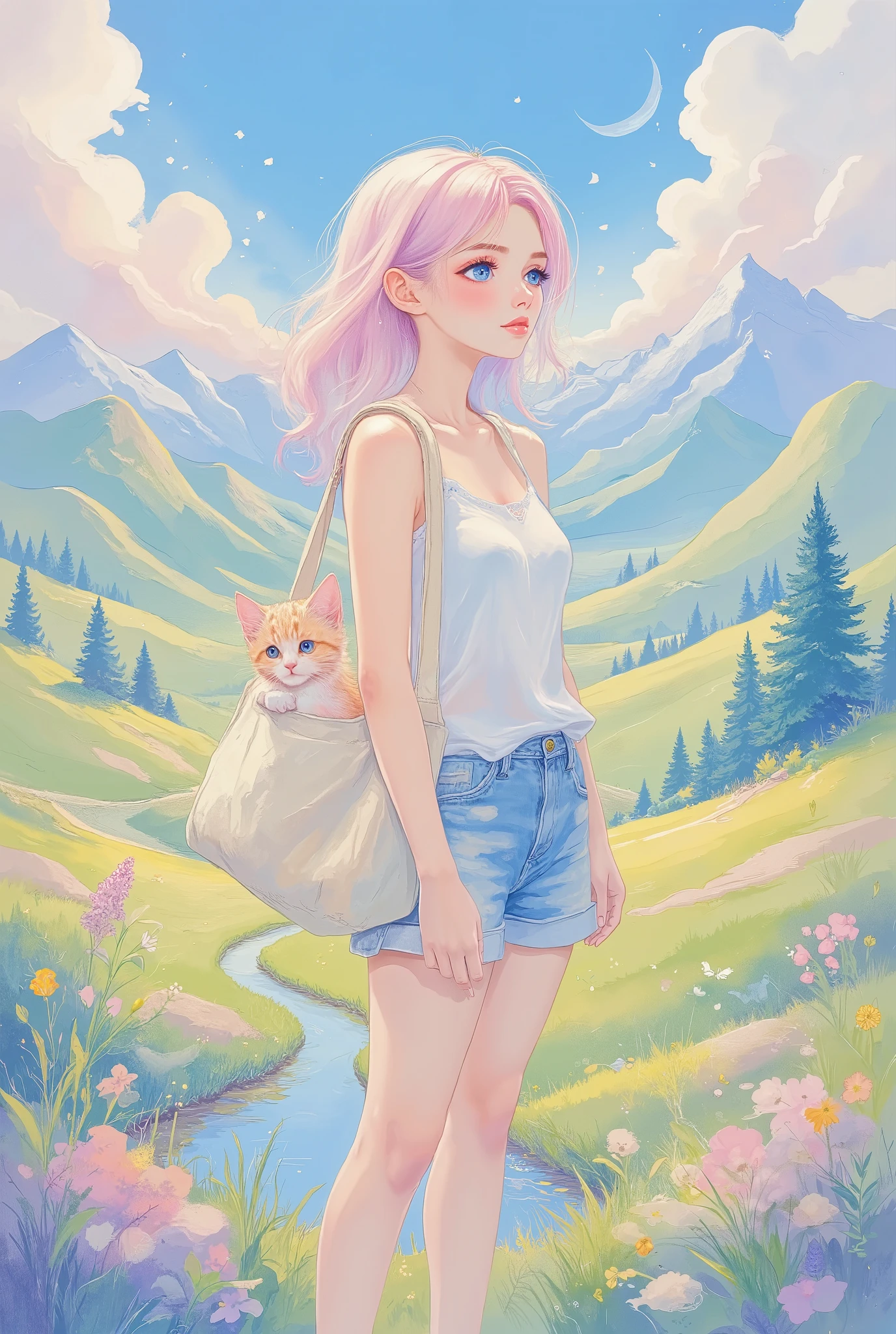 A woman traveling and admiring the beautiful scenery, a cute kitten peeking out from the tote bag hanging from her shoulder