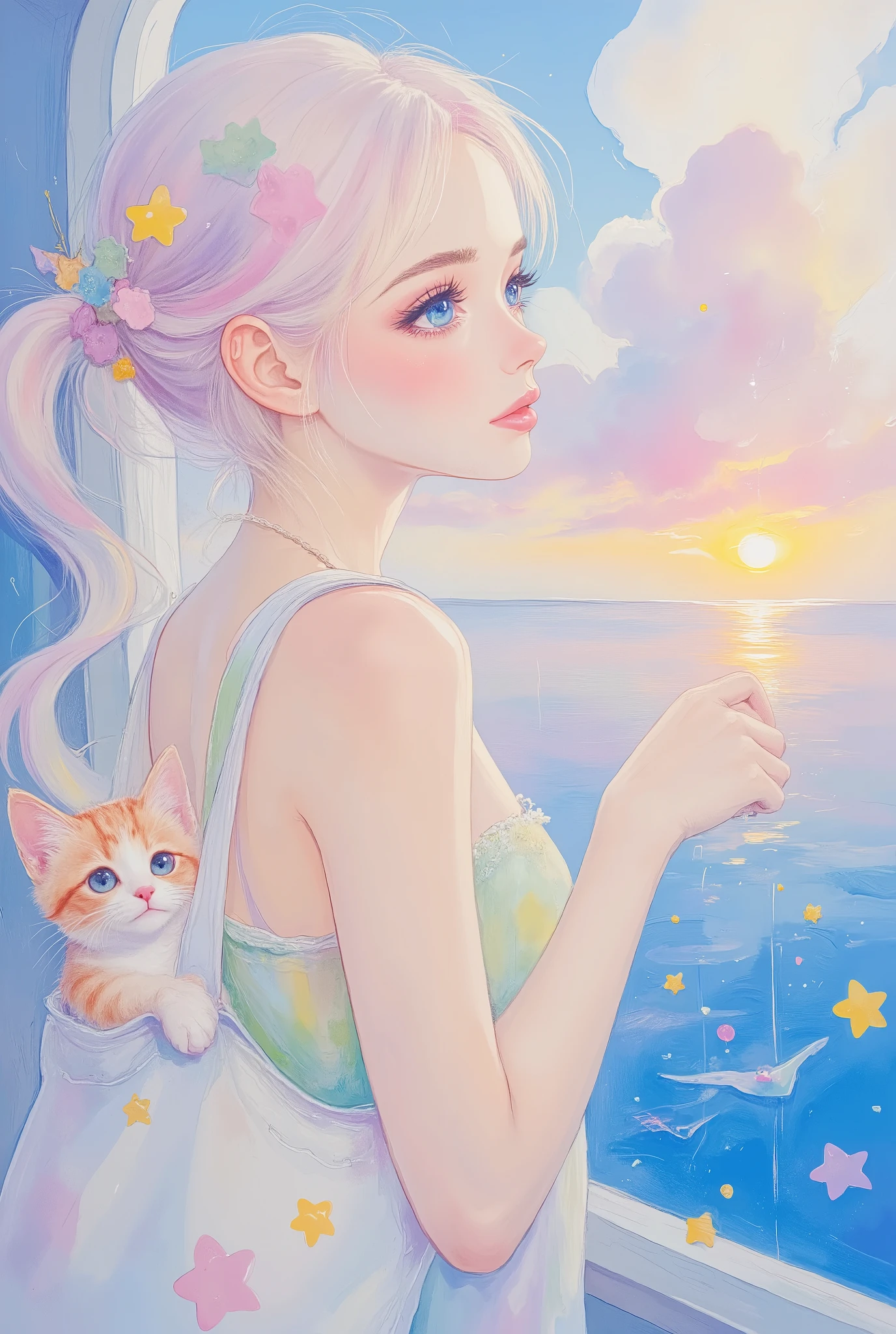 A woman traveling and admiring the beautiful scenery, a cute kitten peeking out from the tote bag hanging from her shoulder