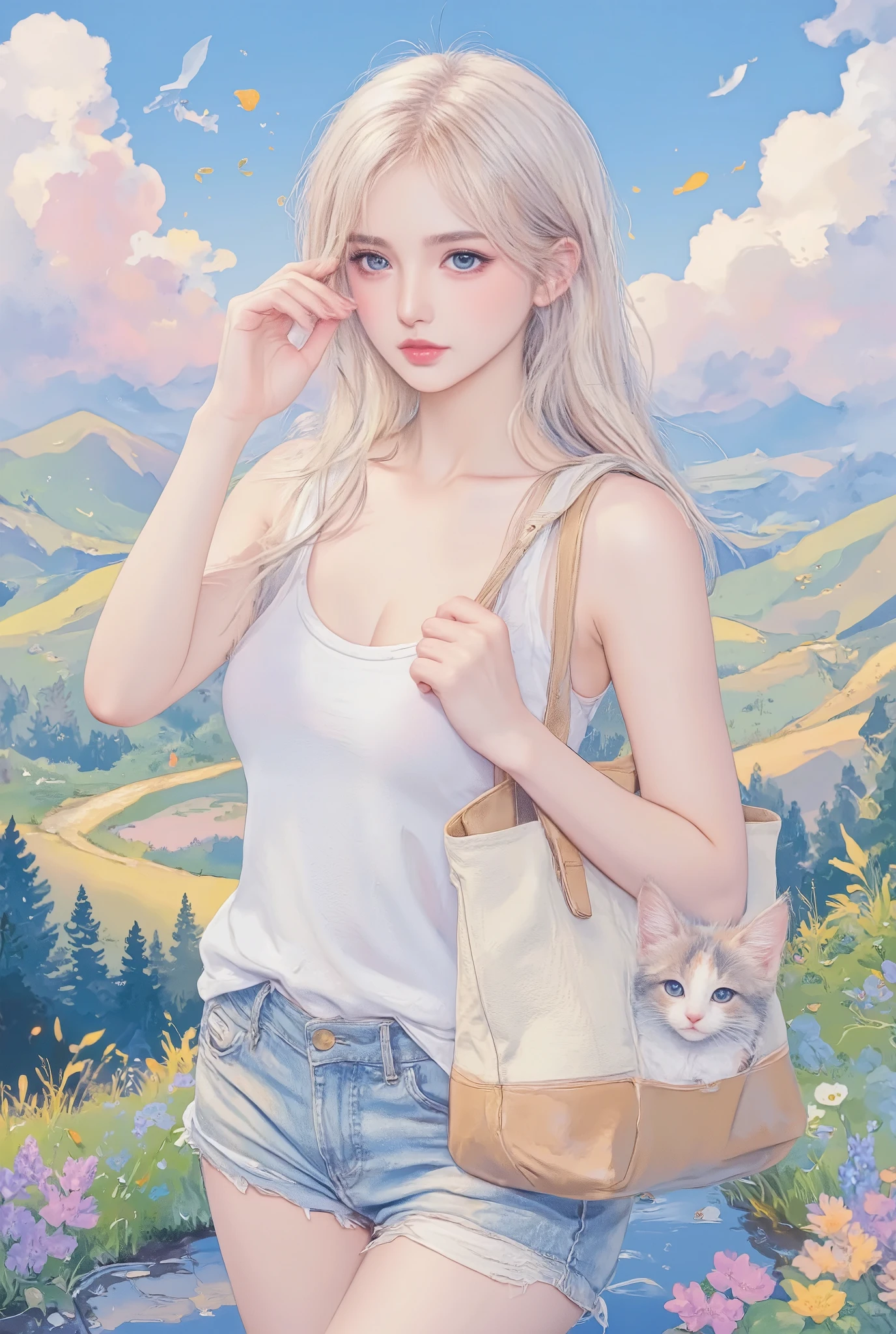 A woman traveling and admiring the beautiful scenery, a cute kitten peeking out from the tote bag hanging from her shoulder