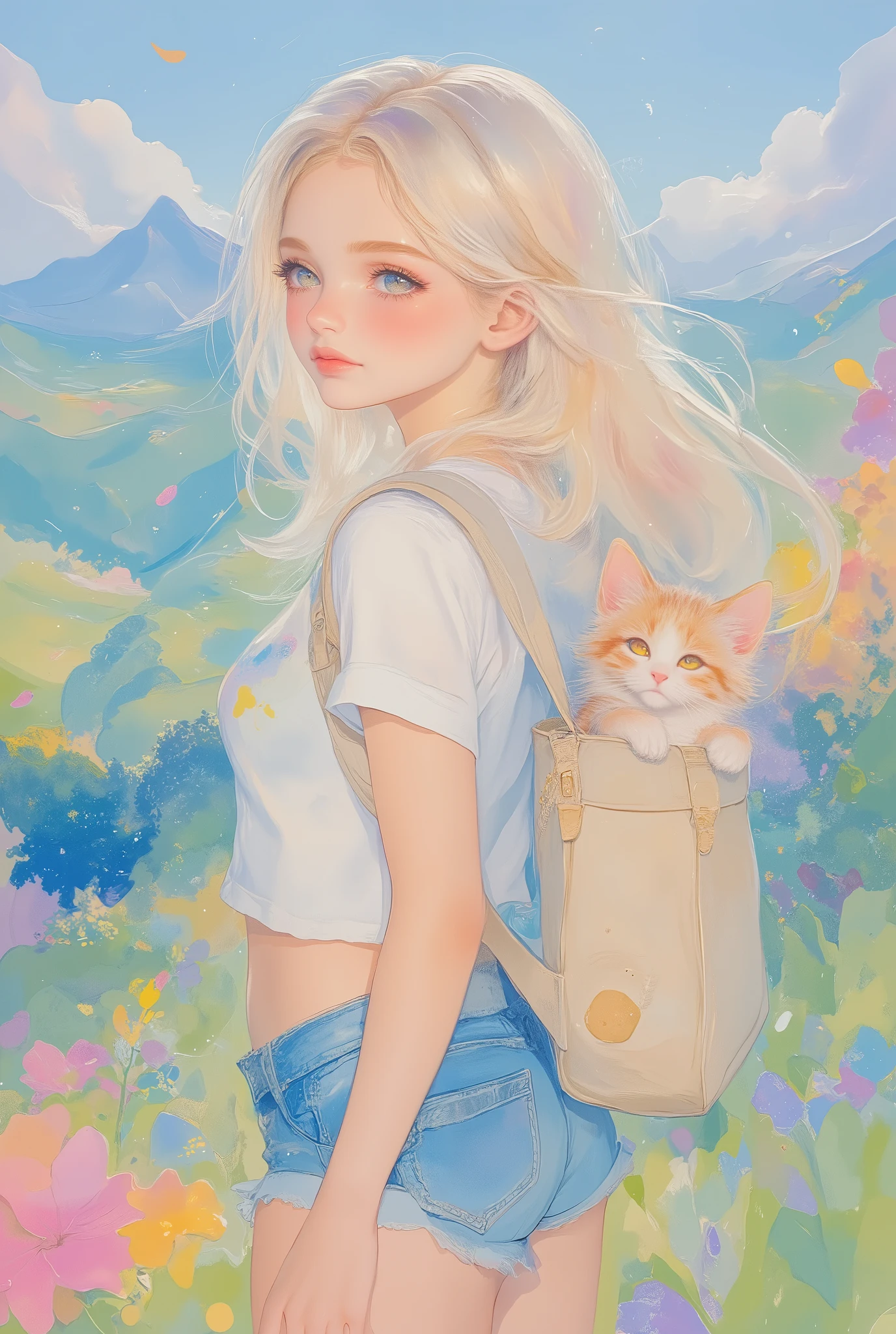 A woman traveling and admiring the beautiful scenery, a cute kitten peeking out from the tote bag hanging from her shoulder