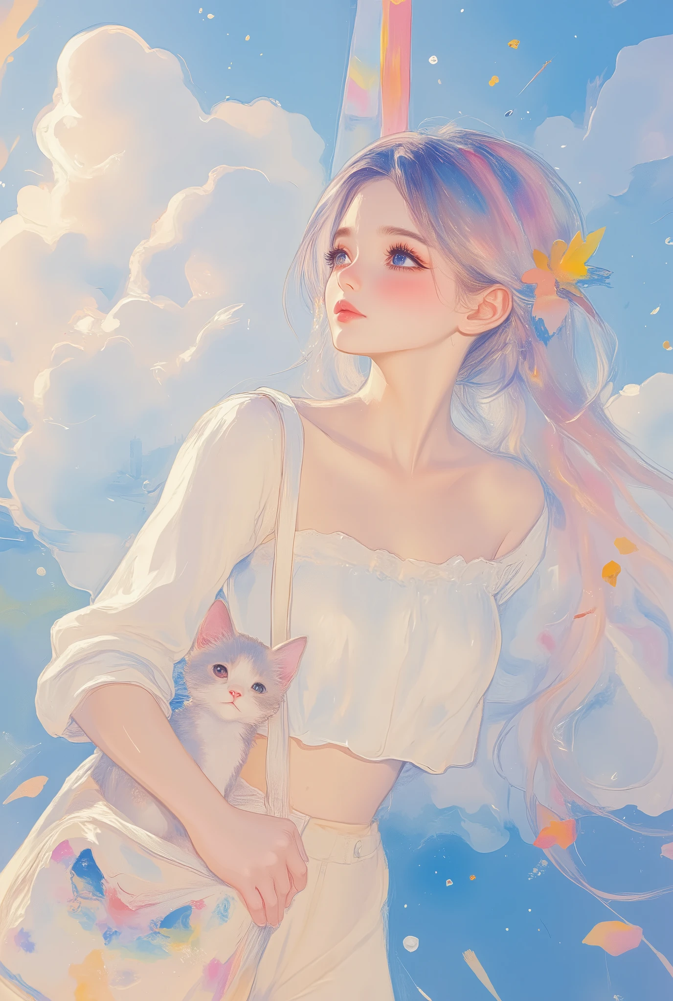 A woman traveling and admiring the beautiful scenery, a cute kitten peeking out from the tote bag hanging from her shoulder