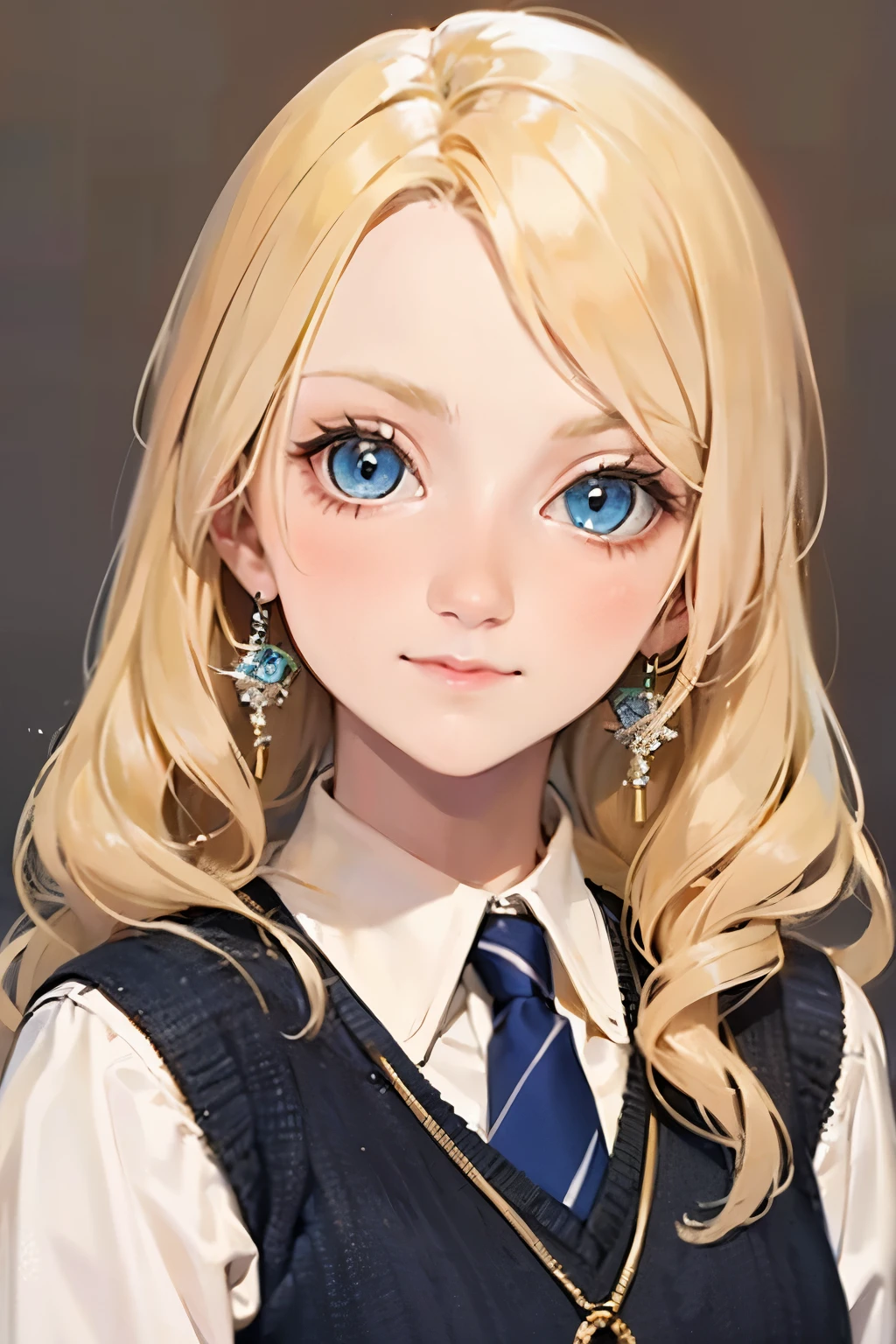 LunaLoveGood , blond hair , wide hair, curly tips , Blue eyes,mirada soñadora De pie con wide hair