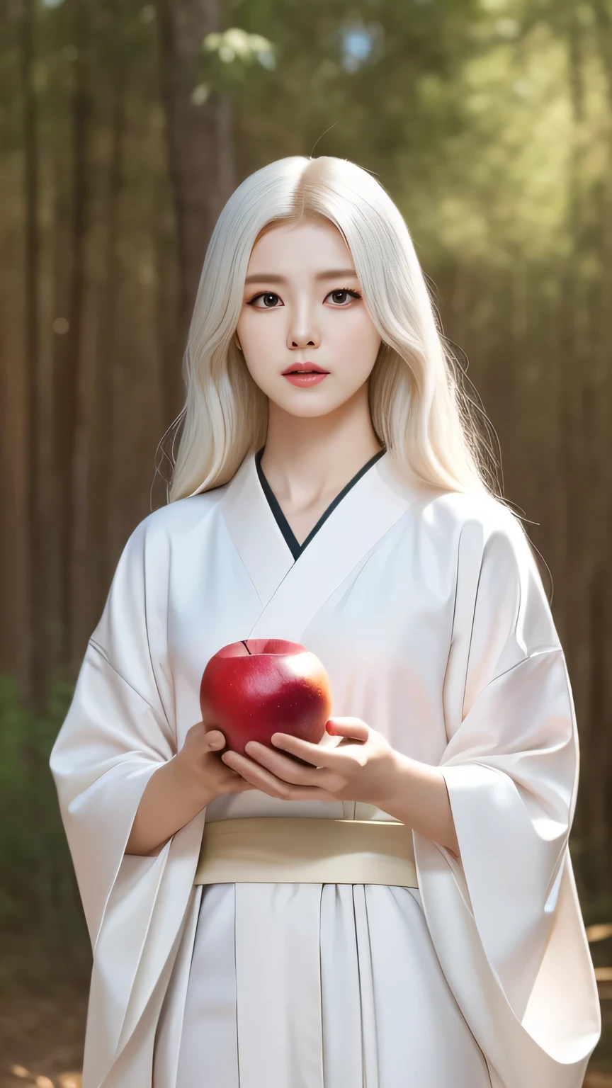  A woman in an ancient kimono ， has white hair and pale skin ， shows arrogance and power in her eyes 。She stands in a mysterious forest， is surrounded by a faint chakra light ， as if it were an avatar of a god tree 。She has white eyes 、 The characteristics of reincarnation and round eyes ， exudes a powerful aura 。 The background is an ancient god tree ， has mysterious fruit on the tree ， The whole picture is full of mystery and majesty {x} The whole picture is full of mystery and majesty， style, realistic for anime ，Rich in details， bright colors。