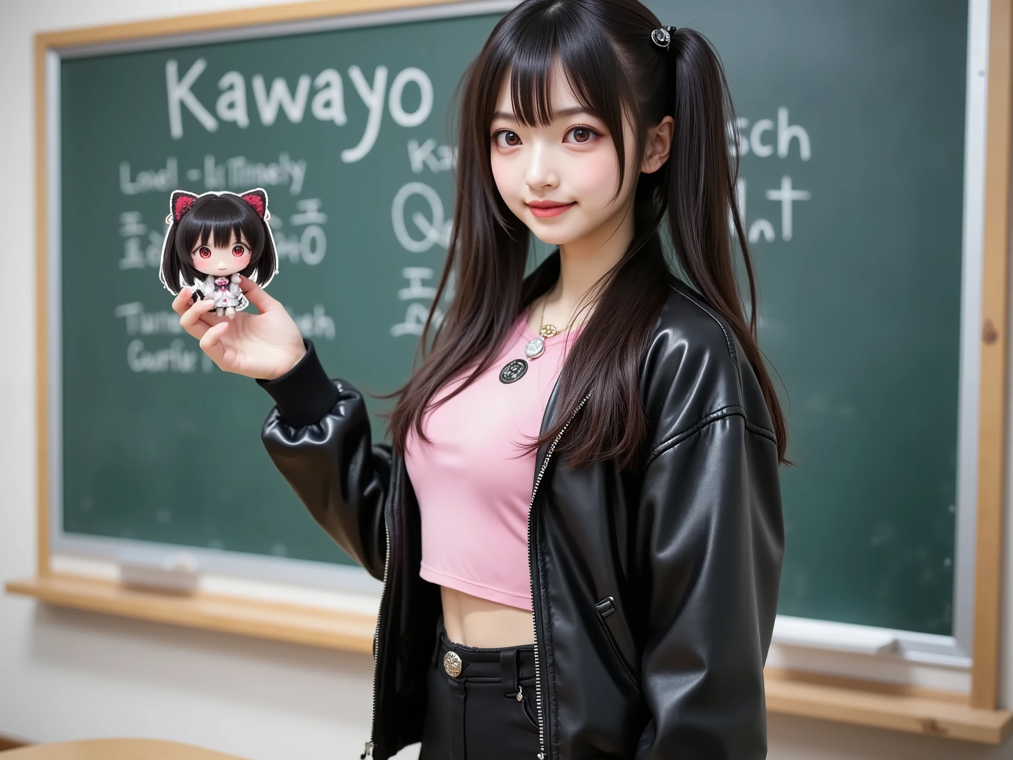 A girl-teacher lecture in a lecture room, girl-teacher\(Japanese famous idol girl, very beautiful fragile Japanese, long straight hair, detailed facial skin texture, she is a teacher wearing a dress shirt and tight skirt, very big breasts, thin waist, big smile\), She is standing in front of the blackboard and giving an impassioned speech,on the blackboard large word "Kawayo" written in chalk and chibi-character picture,chibi-character\(cute anime illustration,red ringed eyes, wearing black twin tails with messy tips and detailed hair accessories, dressed in a glossy black jacket decorated with punk and cyberpunk accessories, paired with a pink cropped top and black torn shorts, featuring a choker necklace and intricate decorations on clothing, pale skin with a glossy texture, emphasizing the contrast between her bright red eyes and dark clothing, depicted in a chibi style\),a girl-teacher giving a passionate speech