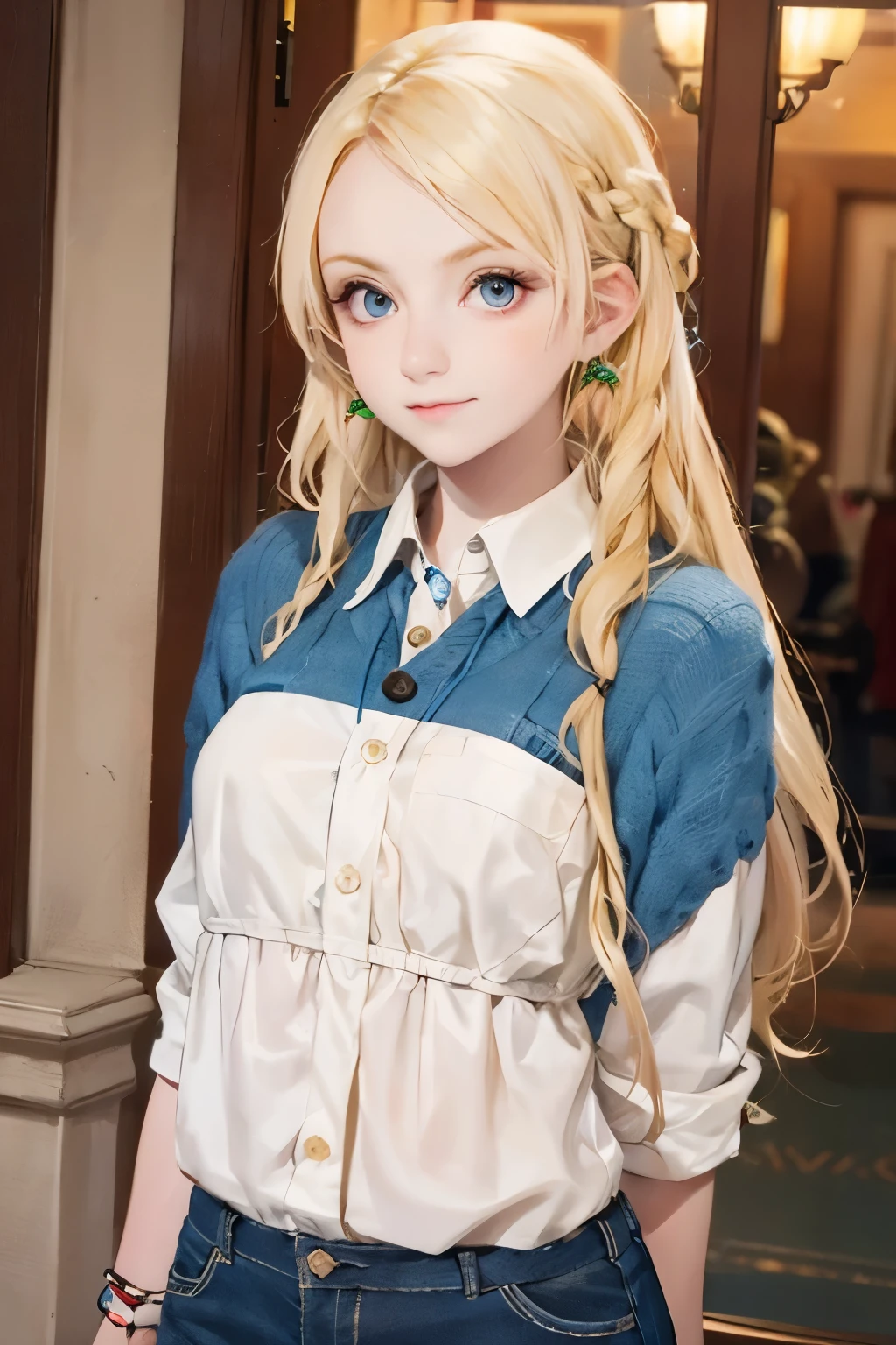 LunaLoveGood ,  blond hair ,  wide hair, curly tips , Blue eyes,mirada soñadora De pie con  wide hair 