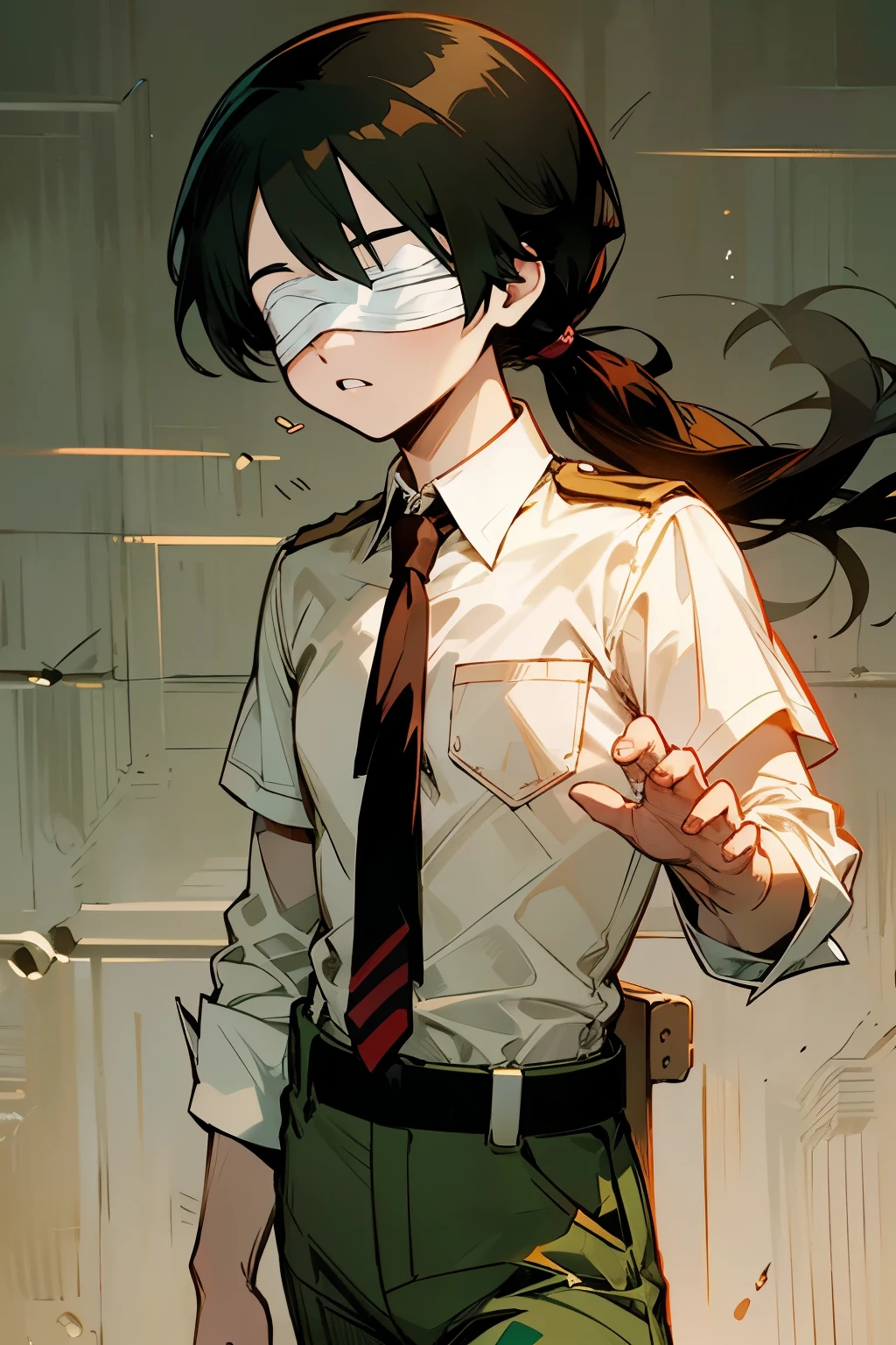 Mastepiece, Best Quality, Reference, white background, Character sheet, (Multiple Perspectives, [whole body]:1), (blindfold, face covering, lace), (school uniform, white shirt, necktie, collared shirt, belt, pants, red necktie, green pants, u.a. school uniform, u.a.student uniform:1.5), ((boy:1.5)), (long ponytail, black hair, red highlights:1.5), my hero academia, boku no hero academia, anime