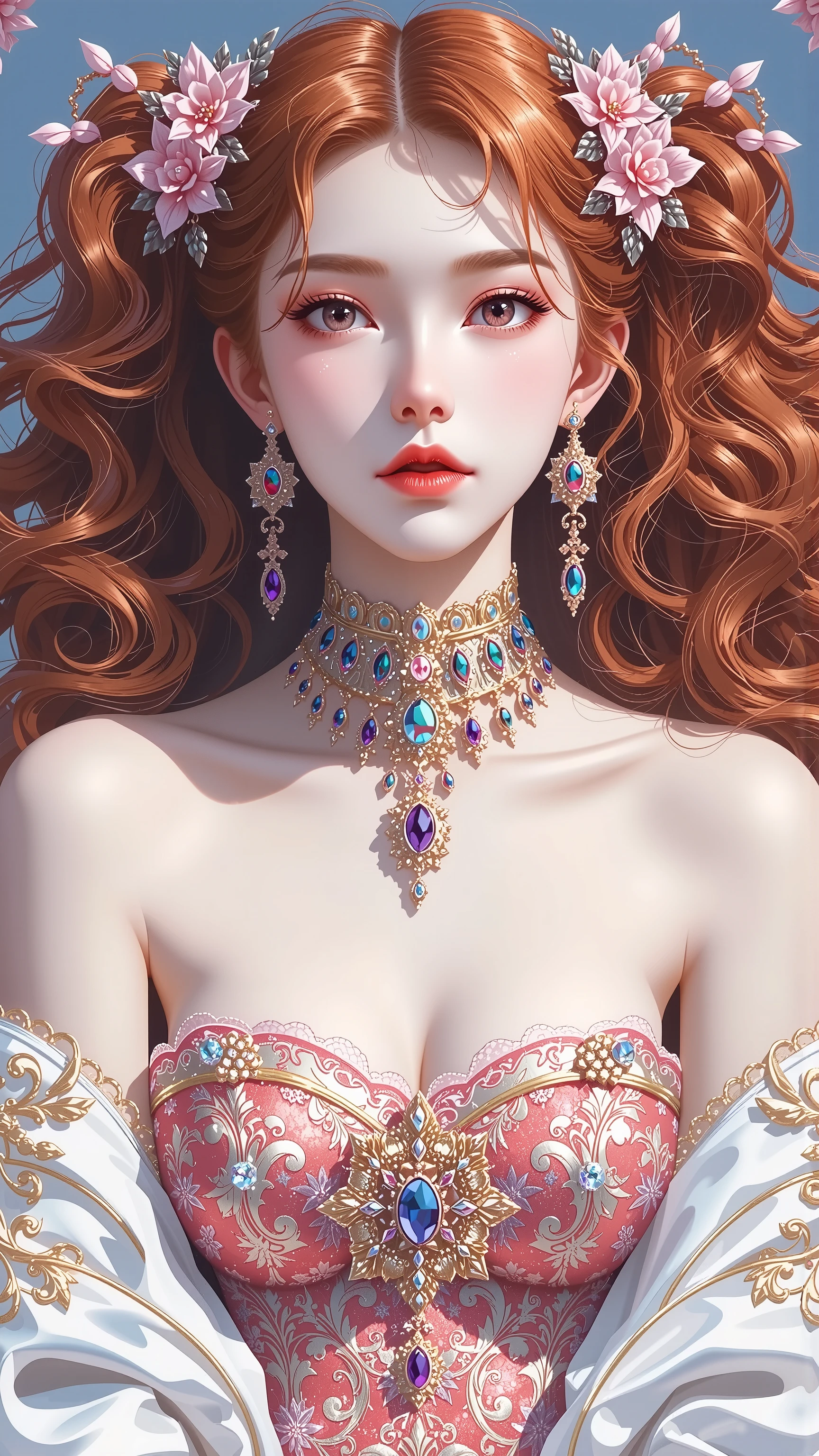 young korean girl, goth, very long curly red hair, twin tails, with gray eyes, she is wearing a tube top and panties, wears hair decoration, has big , she has pretty pink lips, shiny skin, jewelry, shiny skin, big breasts, cleavage, no background, blue background, red background, sexy, submissive, shy, heavy blushing, dynamic pose, sexy pose, 
