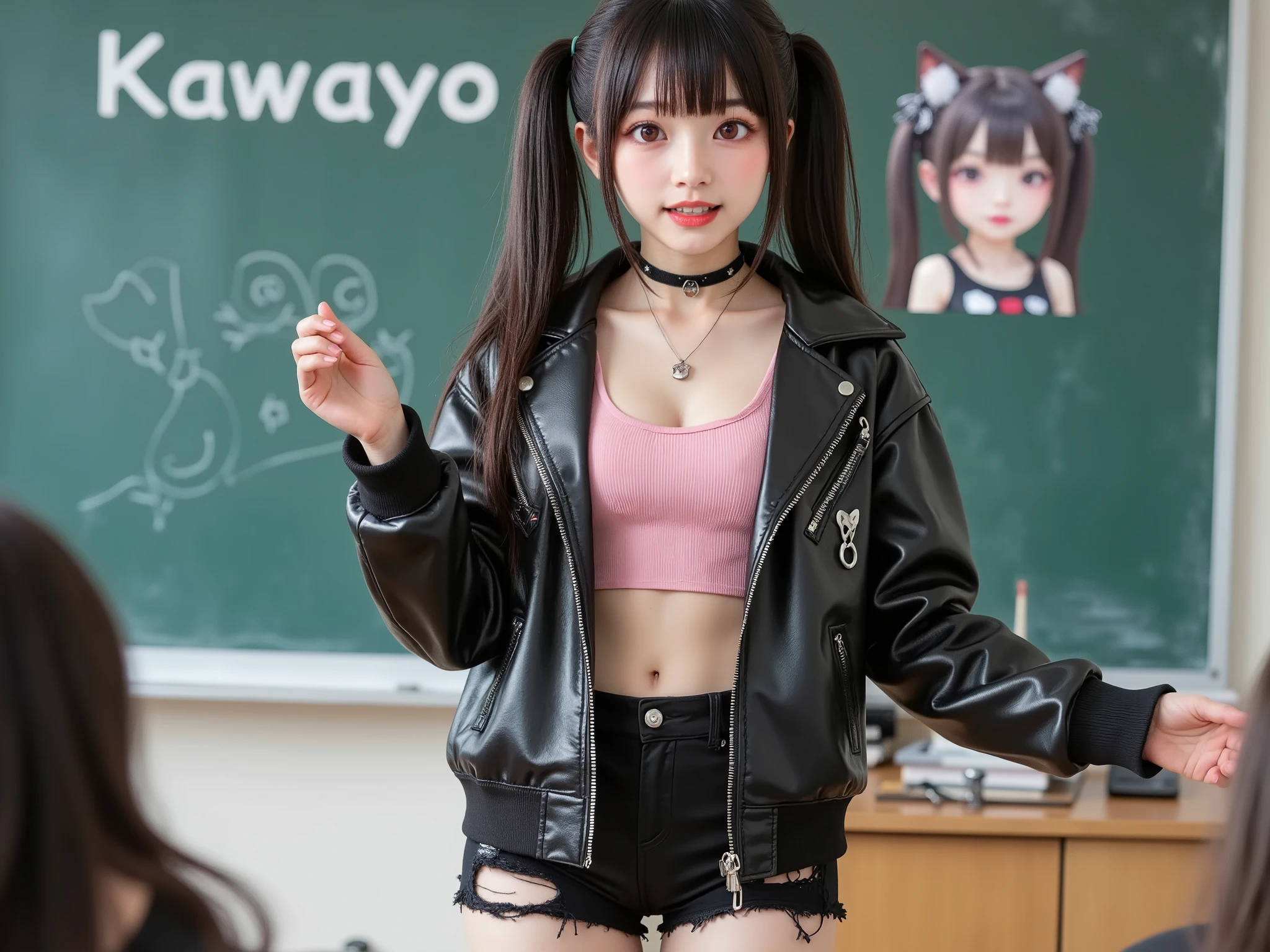 A girl-teacher lecture in a lecture room, girl-teacher\(Japanese famous idol girl, very beautiful fragile Japanese, long straight hair, detailed facial skin texture, wearing a dress shirt and tight skirt, very big breasts, thin waist, big smile\), She is standing in front of the blackboard and giving an impassioned speech,blackboard large word "Kawayo" written in chalk and chibi-character picture,chibi-character\(cute anime illustration,red ringed eyes, wearing black twin tails with messy tips and detailed hair accessories, dressed in a glossy black jacket decorated with punk and cyberpunk accessories, paired with a pink cropped top and black torn shorts, featuring a choker necklace and intricate decorations on clothing, pale skin with a glossy texture, emphasizing the contrast between her bright red eyes and dark clothing\),a girl-teacher giving a passionate speech