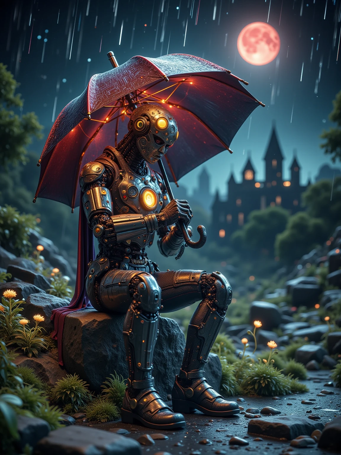 wasteland, A poor old robot sat on a rock, (Umbrella:1.3), (Hands holding Umbrella:1.3), (sit:1.2), rust, Wearing tattered red armor, The skyline in the distance, Gothic, moss, A small white flower, cemetery, Gothic church, Blood red moon, Gothic elements, In the heavy rain, cold, gloomy
