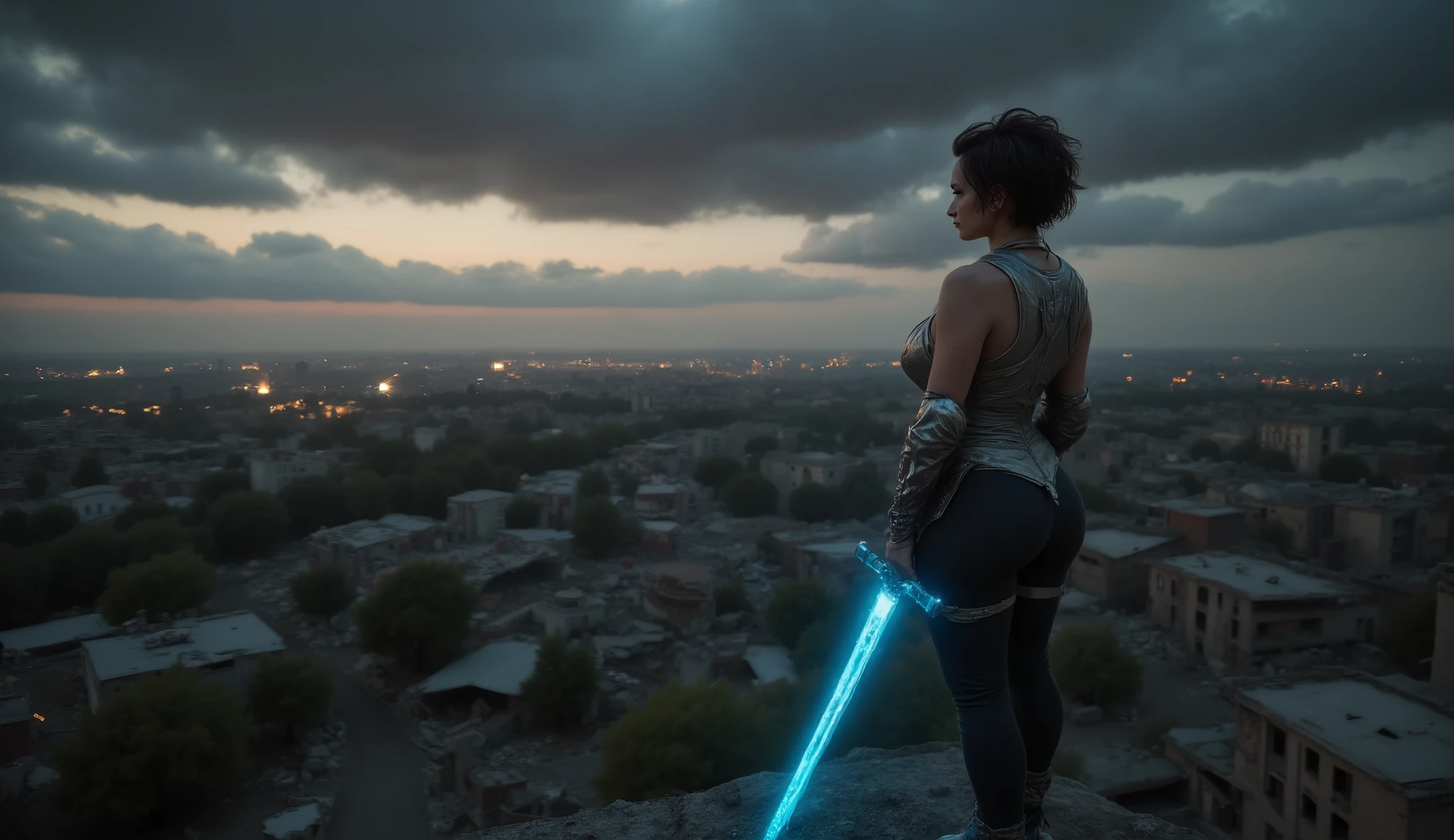A somber and reflective moment set atop a ruined skyscraper, with a dark, stormy sky looming overhead. The woman stands tall, gazing into the distant horizon, where a faint, shattered cityscape stretches out beneath the heavy clouds. The horizon is tinged with the last hues of twilight, hinting at the end of an era. Her posture is strong, but there is a weight of acceptance in her gaze, as if she is contemplating the inevitable.
Her short, messy hair is windblown, and her armor, battered and worn from countless battles, seems to absorb the gravity of the moment. The glowing blue sword rests at her side, its light dimming against the darkening sky. In the background, the remnants of a ruined city are scattered, with broken buildings and flickering lights from distant fires or explosions.
Despite the grim atmosphere, there’s a sense of quiet strength in her figure. She may be facing her fate, but she stands firm, ready to face whatever comes next. Her expression is a mix of resolve, weariness, and the bittersweet knowledge that her journey has brought her here. The scene captures a quiet yet powerful moment of self-reflection and acceptance.