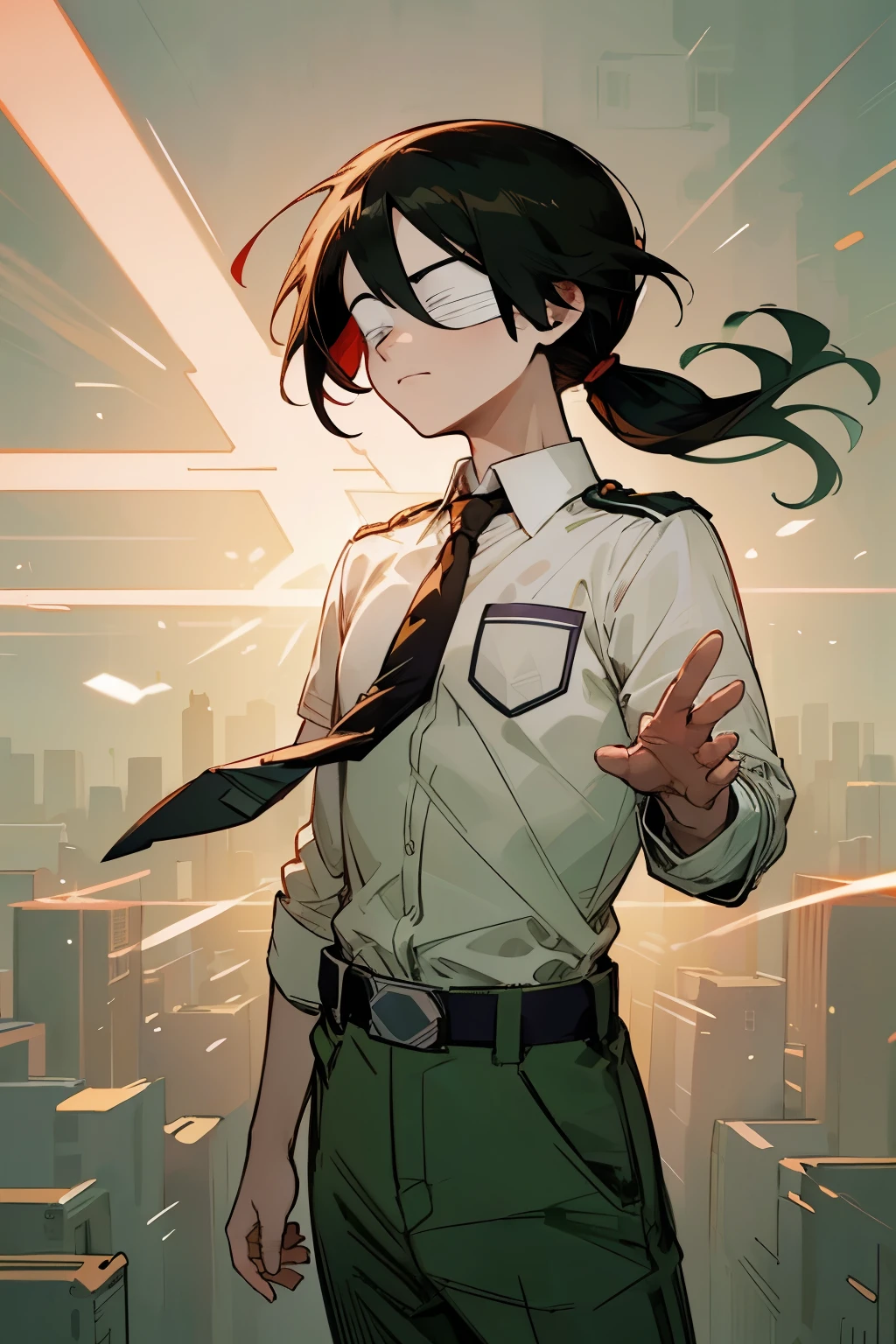 Mastepiece, Best Quality, Reference, white background, Character sheet, (Multiple Perspectives, [whole body]:1), (blindfold, face covering, lace), (school uniform, white shirt, necktie, collared shirt, belt, pants, red necktie, green pants, u.a. school uniform, u.a.student uniform:1.5), ((boy:1.5)), (long ponytail, black hair, red highlights:1.5), my hero academia, boku no hero academia, anime