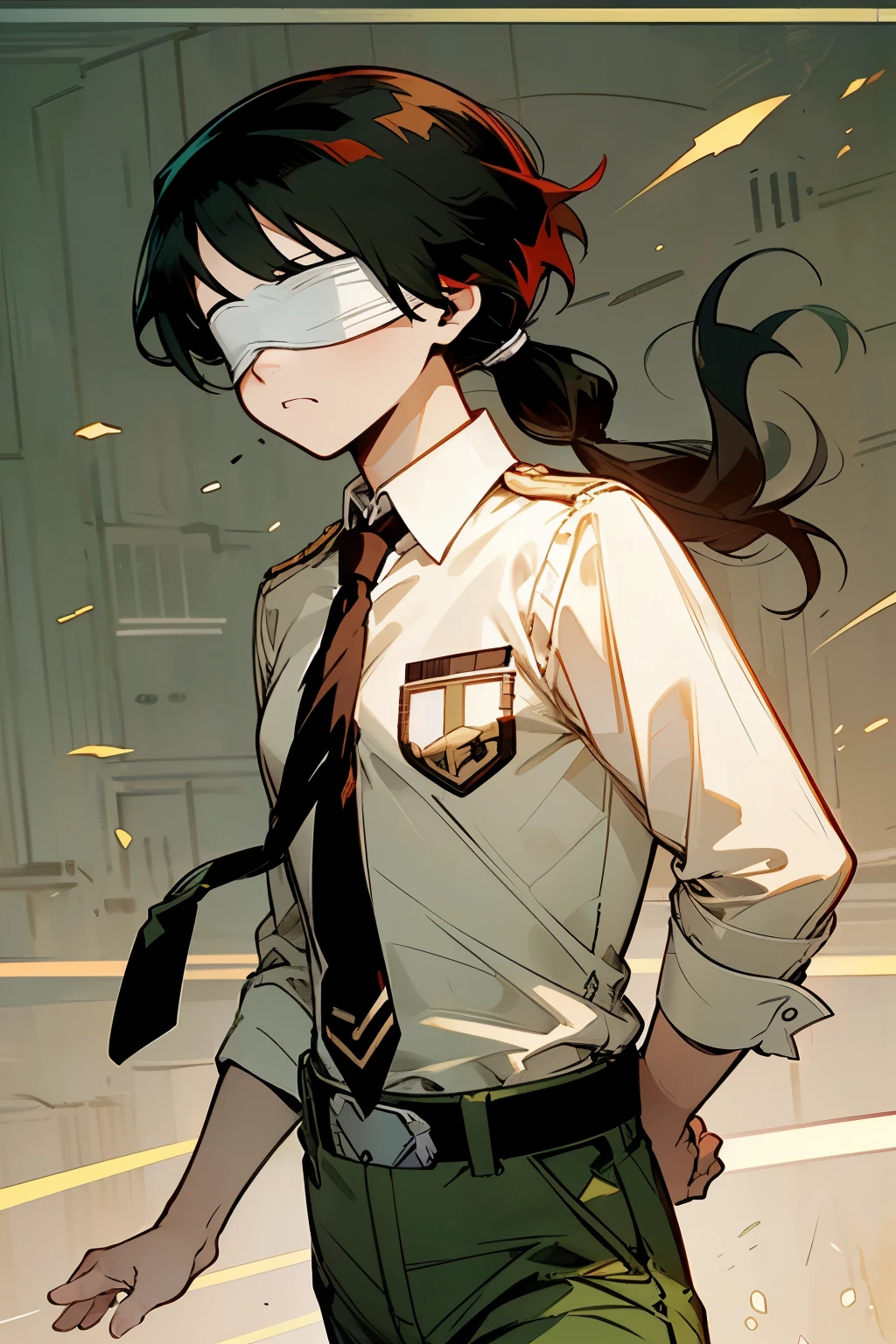 Mastepiece, Best Quality, Reference, white background, Character sheet, (Multiple Perspectives, [whole body]:1), (blindfold, face covering, lace), (school uniform, white shirt, necktie, collared shirt, belt, pants, red necktie, green pants, u.a. school uniform, u.a.student uniform:1.5), ((boy:1.5)), (long ponytail, black hair, red highlights:1.5), my hero academia, boku no hero academia, anime