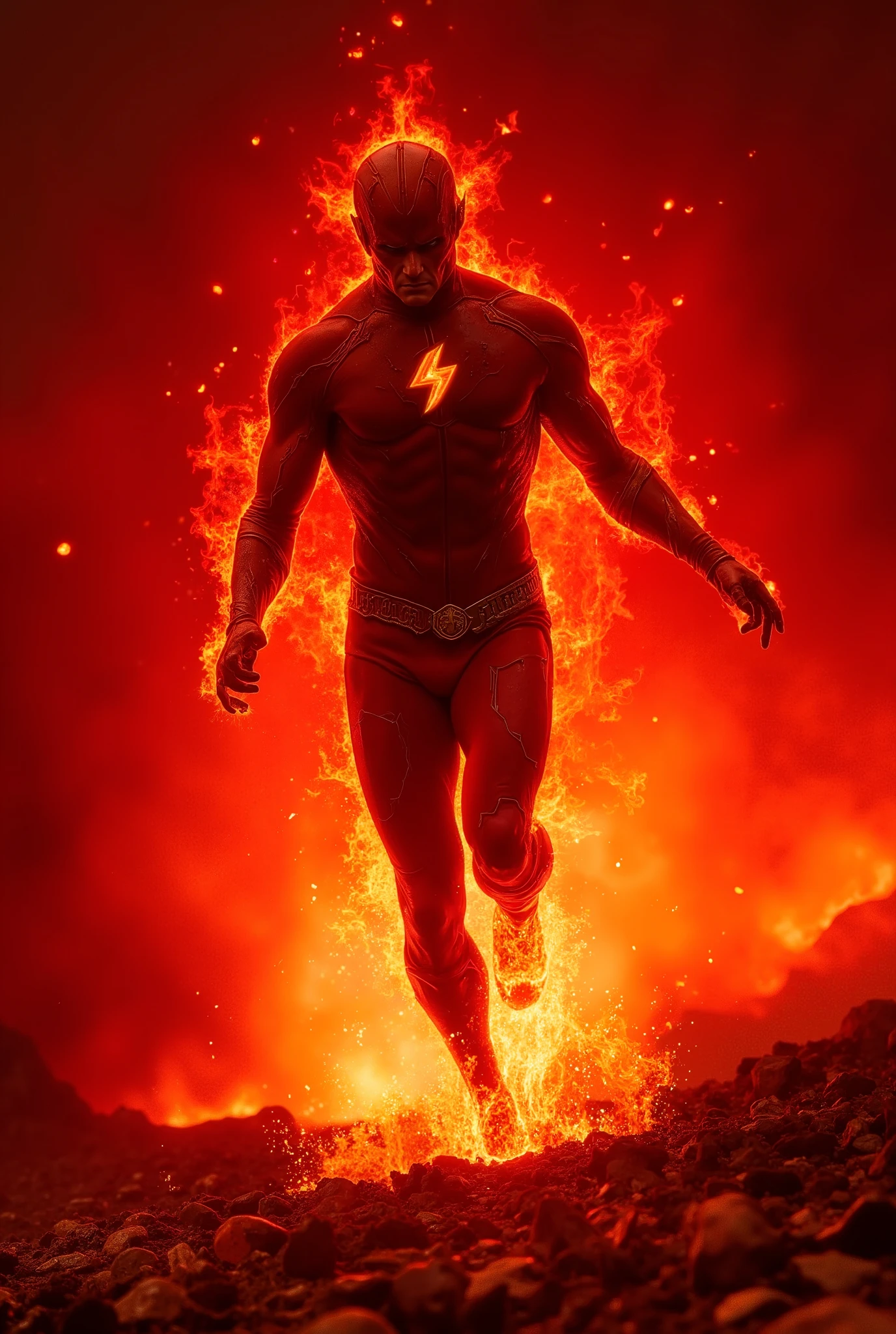 Reverse-Flash + Mephisto = Reverse Inferno

Description :  A sprinter demon that uses the power of the Dark Acceleration Force combined with the hellish flames of Mephisto.
Prompt: " A skinny villain with a flaming body ,  running at high speed while leaving a trail of hellish fire .  The lighting is predominantly red and orange , with shadows dancing around you.  The background is a distorted hell ."