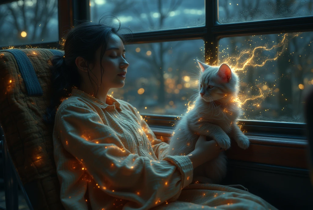 ((masterpiece, highest quality, Highest image quality, High resolution, photorealistic, Raw photo, Extremely detailed CG unified 8k wallpaper)), Cute Animals' Journey, a long-distance bus late at night, a kitten looking out the window on the lap of a sleeping woman,