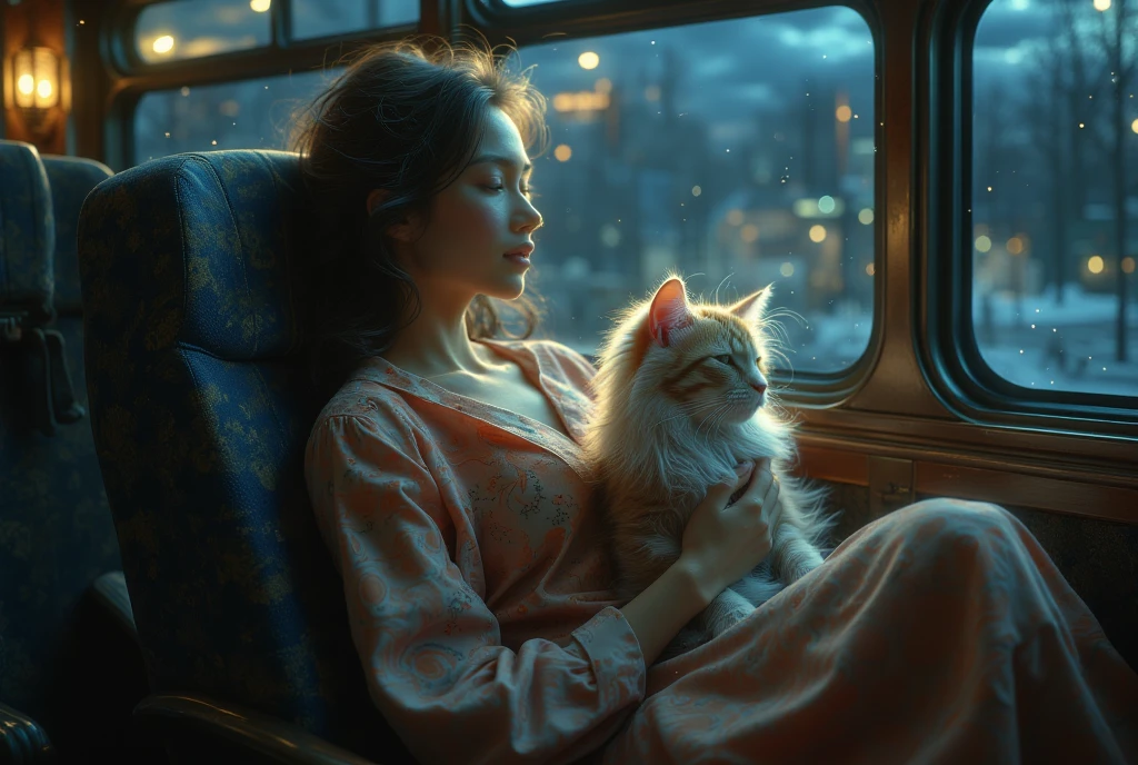 ((masterpiece, highest quality, Highest image quality, High resolution, photorealistic, Raw photo, Extremely detailed CG unified 8k wallpaper)), Cute Animals' Journey, a long-distance bus late at night, a kitten looking out the window on the lap of a sleeping woman,