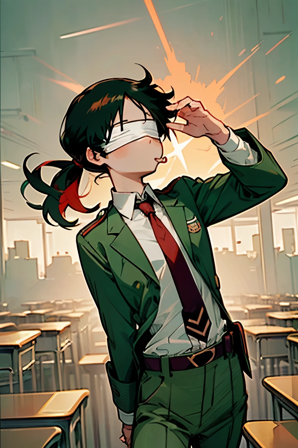Mastepiece, Best Quality, Reference, white background, Character sheet, (Multiple Perspectives, [whole body]:1), (blindfold, face covering, lace), (school uniform, white shirt, necktie, collared shirt, belt, pants, red necktie, green pants, u.a. school uniform, u.a.student uniform:1.5), ((boy:1.5)), (long ponytail, black hair, red highlights:1.5), my hero academia, boku no hero academia, anime