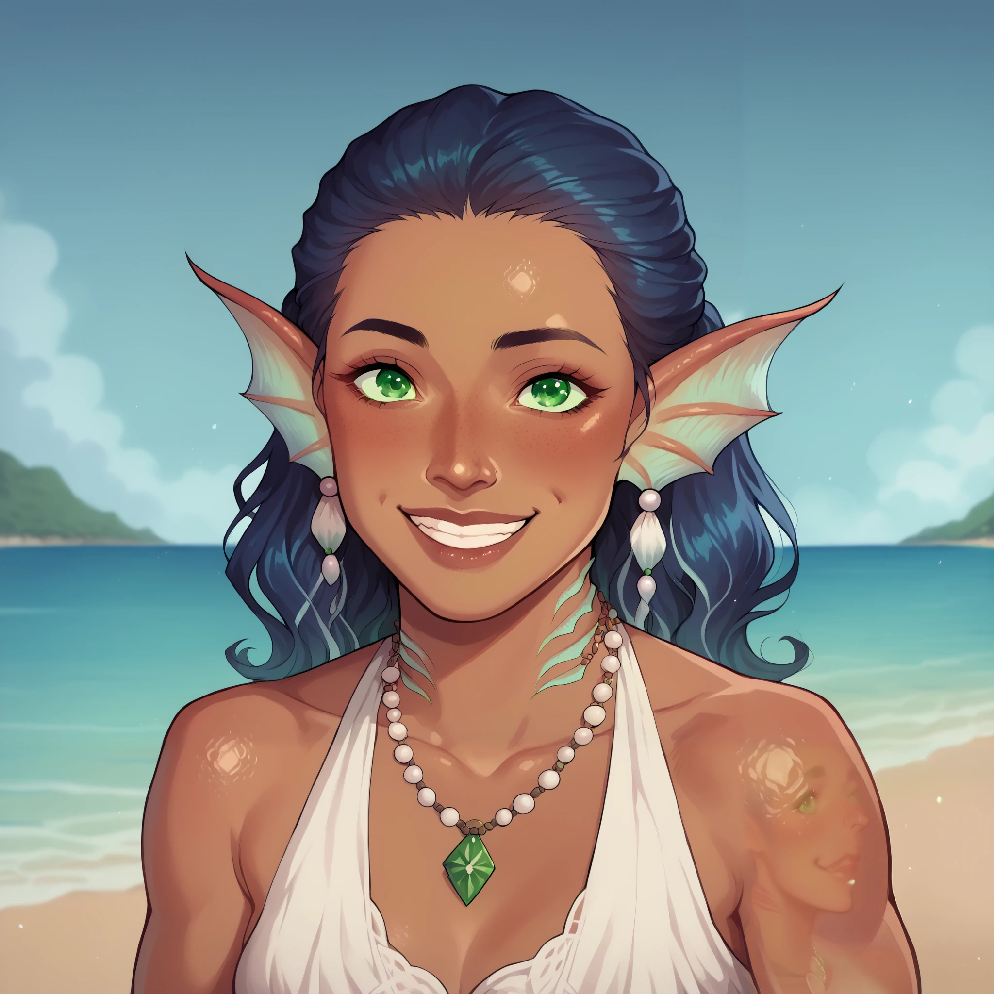 (((beautiful, high quality, comics style, detailed face))), score_9, score_8_up, score_7_up, BREAK, 22-year-old, (Maori girl:1.5, flat nose, dark skin), ((gills and fins, scales)), dark blue hair, wavy hair, long, and full hair, (green eyes:1.5), ((tender and charming smile, great smile, exudes joy)), ((action pose, playing a ukulele)), wearing a long-sleeved linen white dress, bare shoulders, (shell necklace), outdoor, fantasy beach background, blurred background, DeepNegative_xl_v1, zPDXL3, detailxl, Smooth Quality - Illustrious