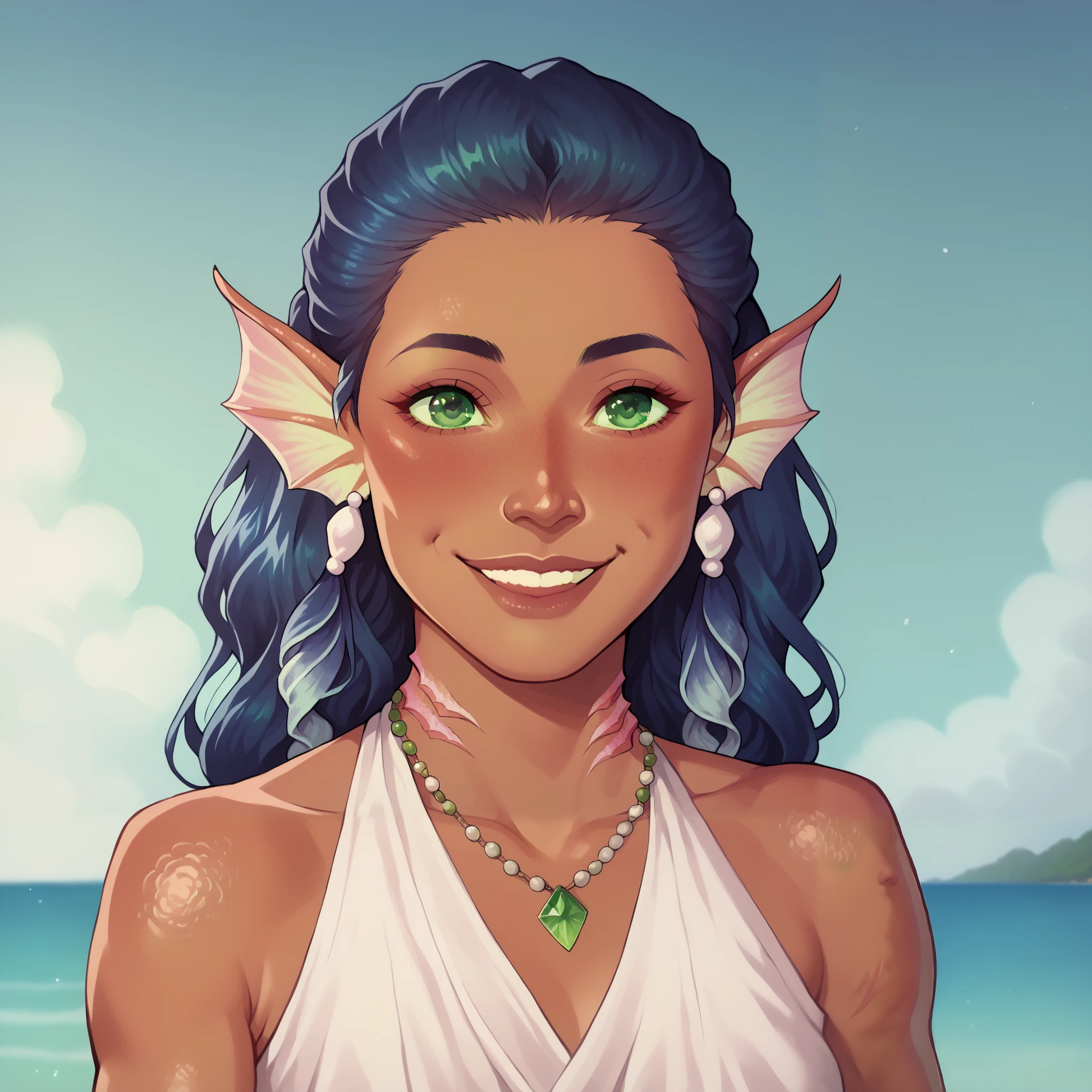 (((beautiful, high quality, comics style, detailed face))), score_9, score_8_up, score_7_up, BREAK, 22-year-old, (Maori girl:1.5, flat nose, dark skin), ((gills and fins, scales)), dark blue hair, wavy hair, long, and full hair, ((green eyes:1.5)), ((tender and charming smile, great smile, exudes joy)), ((action pose, playing a ukulele)), wearing a long-sleeved linen white dress, bare shoulders, (shell necklace), outdoor, fantasy beach background, blurred background, DeepNegative_xl_v1, zPDXL3, detailxl, Smooth Quality - Illustrious