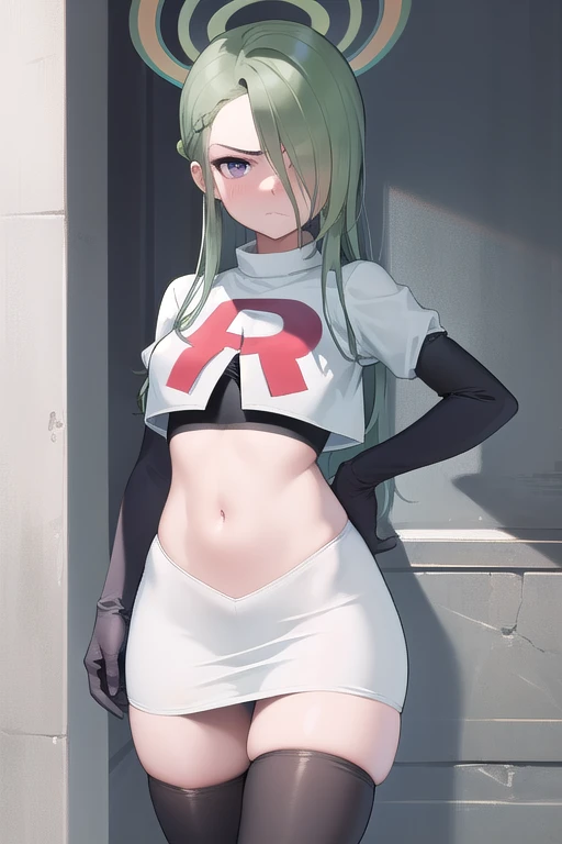masterpiece, best quality, 1girl, solo, looking at viewer, blush, sitri, green hair,team rocket,team rocket uniform,white skirt,red letter R,crop top,black thigh-highs,black elbow gloves