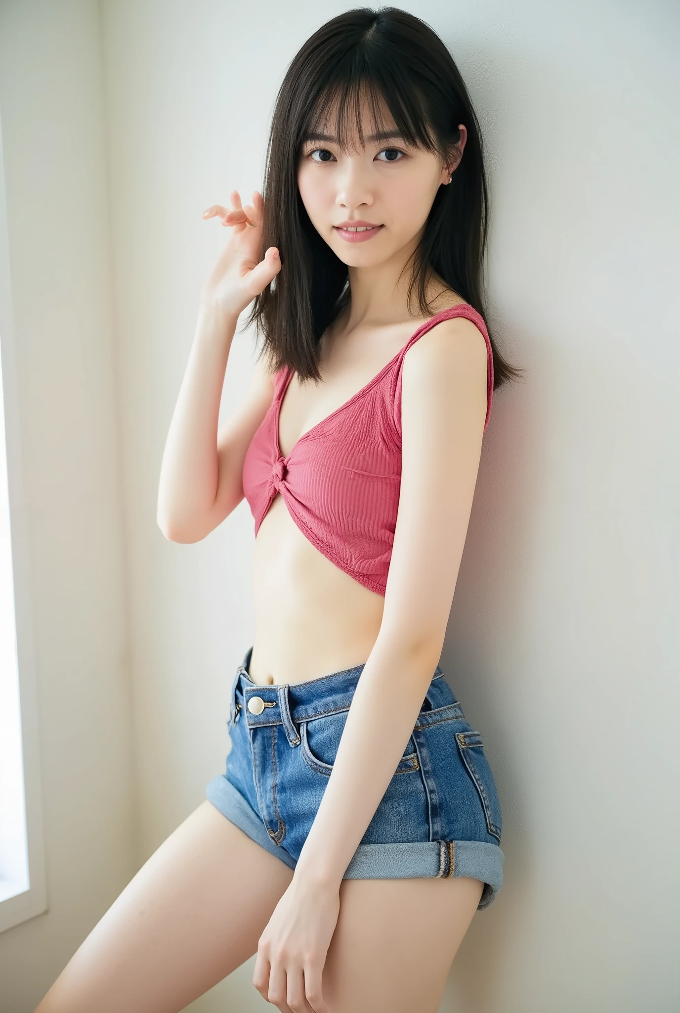 (High Definition) Hot young girl, ((cherry pink bikini top and used denim shorts, full body shot))), she has medium long black hair, beautiful breasts. HD real photo 8K, she is fit, her waist is slim, she looks very young. Her face looks very young and thin. She looks young. She is lying on the bed, her ass is very sexy from the chest. She is shaking. Her ass is digging into the shorts.