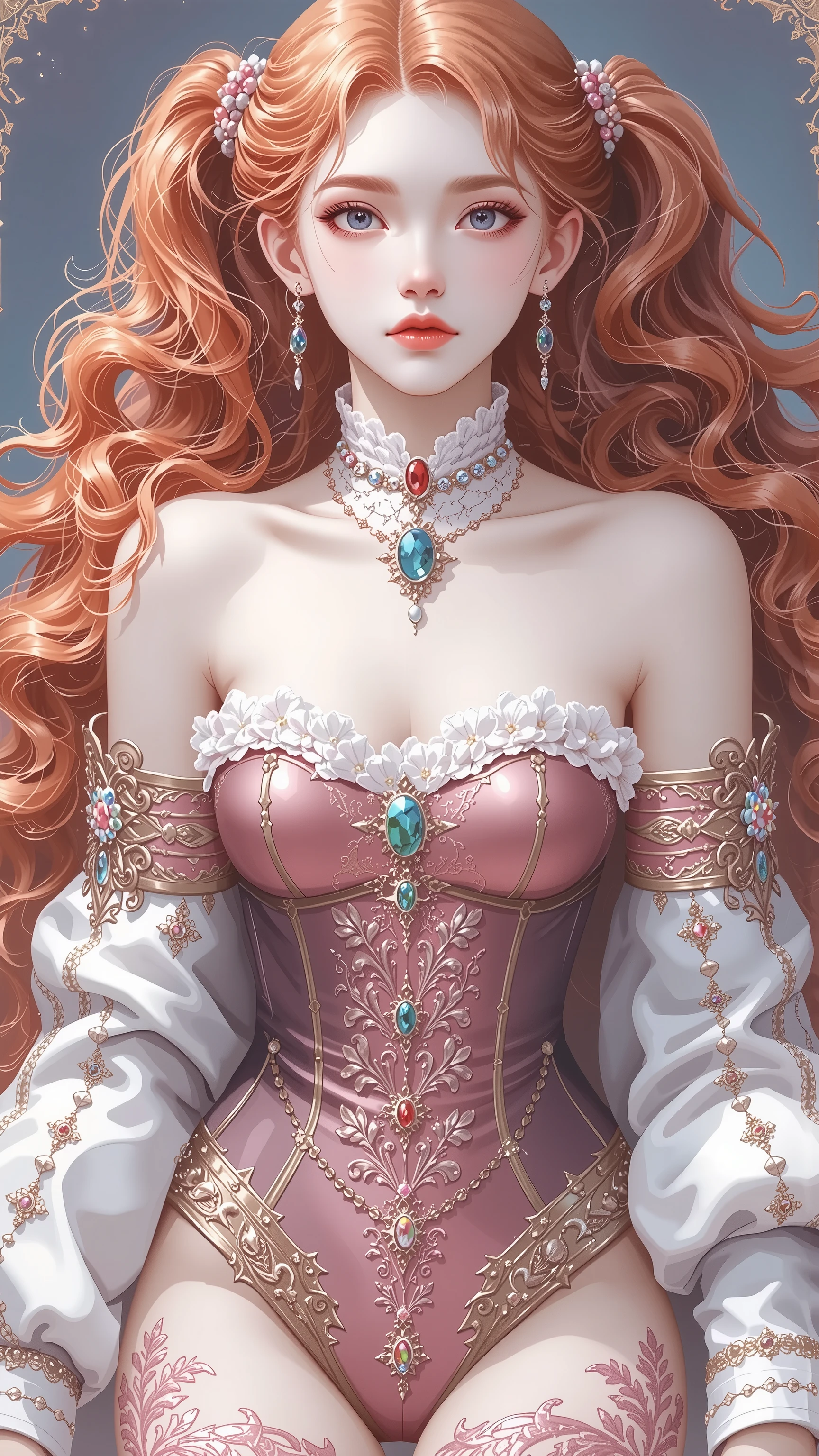 young korean girl, goth, very long curly red hair, twin tails, with gray eyes, she is wearing a tube top and panties, wears hair decoration, has big , she has pretty pink lips, shiny skin, jewelry, shiny skin, big breasts, cleavage, no background, blue background, red background, sexy, submissive, shy, heavy blushing, dynamic pose, sexy pose,