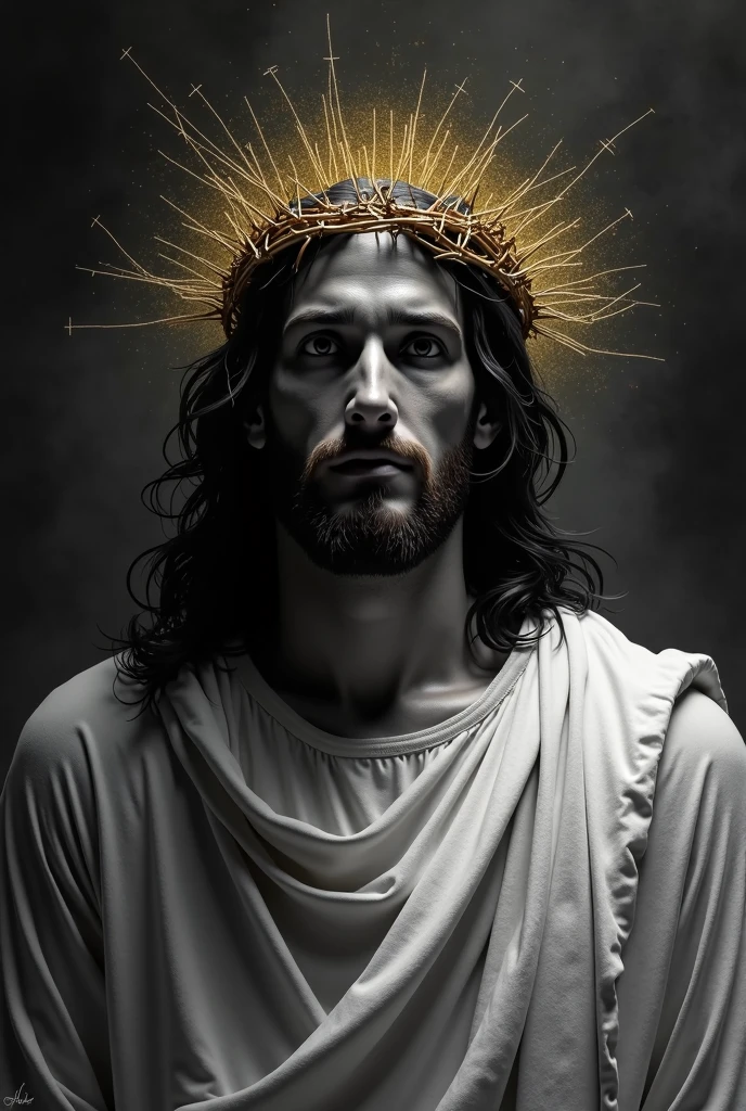 Jesus in art white and black,With a golden crown of thorns
