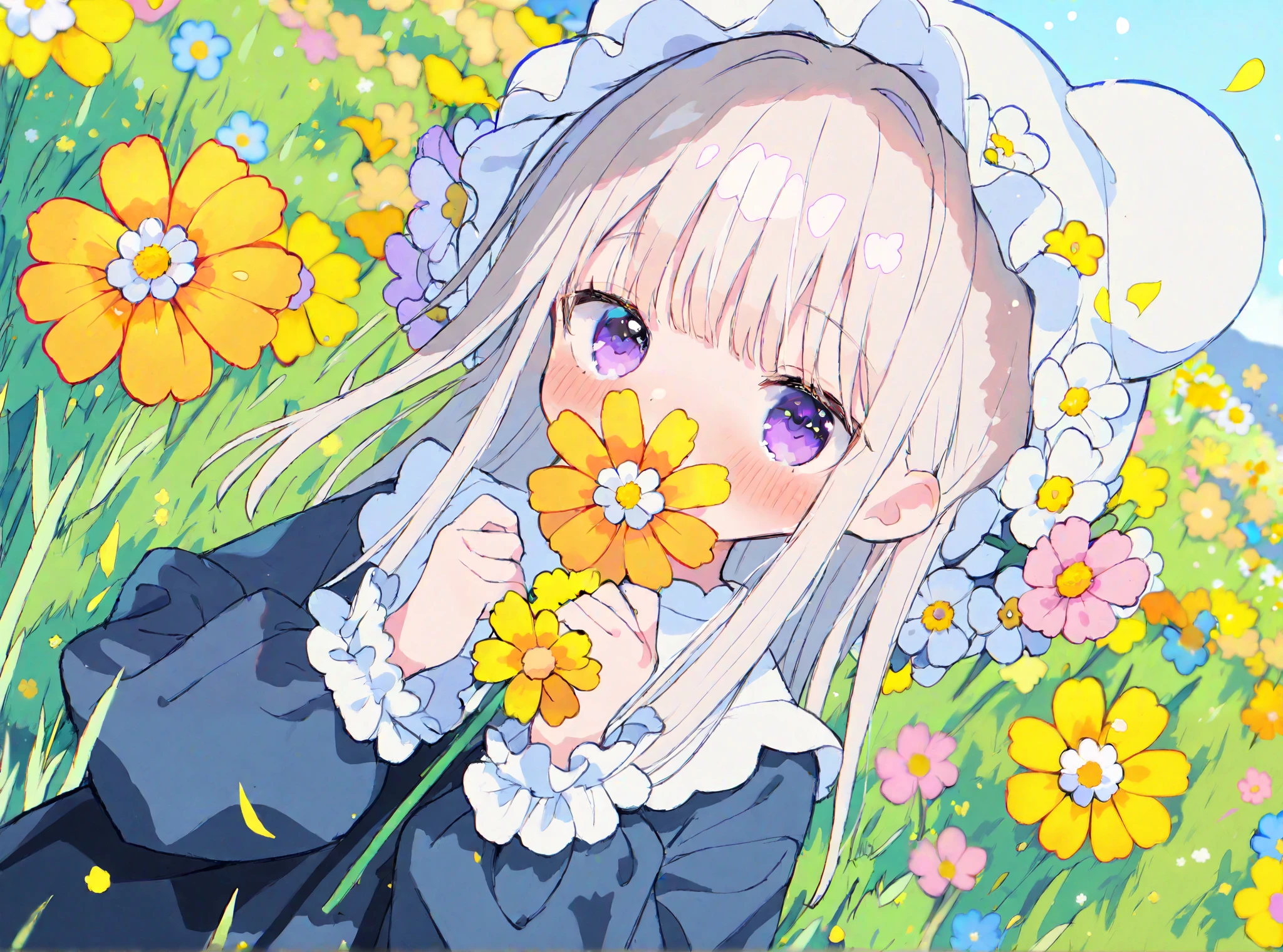 best quality,masterpiece,absurdres,newest,(kawaii style,cute:1.2),
1girl, solo, flower, holding, blush, long hair, purple eyes, looking at viewer, long sleeves, outdoors, bangs, grass, animal ears, white flower, yellow flower, upper body, pink flower, day, white hair, blurry, hands up, sleeves past wrists, frills, dress, frilled sleeves, depth of field, puffy sleeves, sidelocks, blue flower, white headwear, shirt, fake animal ears, blurry background, puffy long sleeves, black dress, grey hair, blonde hair, hat, covered mouth, wide sleeves, dutch angle, blue dress, field, a digital illustration in an anime style, featuring a young girl with long, straight, platinum blonde hair and large, expressive purple eyes, she has a fair complexion and a delicate, heart-shaped face with a soft blush on her cheeks, her hair is adorned with small, delicate flowers, adding a touch of whimsy and innocence to her appearance, she is wearing a dark blue, long-sleeved shirt with a slightly wrinkled texture, suggesting a casual, slightly worn-out look, her hands are clasped together in front of her face, holding a small white daisy, the background is a lush, meadow filled with a variety of colorful wildflowers, including pink, yellow, white, and purple, creating a vibrant and cheerful atmosphere, the flowers are scattered throughout the scene, adding depth and texture to the image, the overall color palette is soft and pastel, with soft pastel hues that enhance the dreamy, ethereal quality of the illustration, the illustration is highly detailed, with a focus on soft shading and delicate textures, typical of high-quality digital art, ,