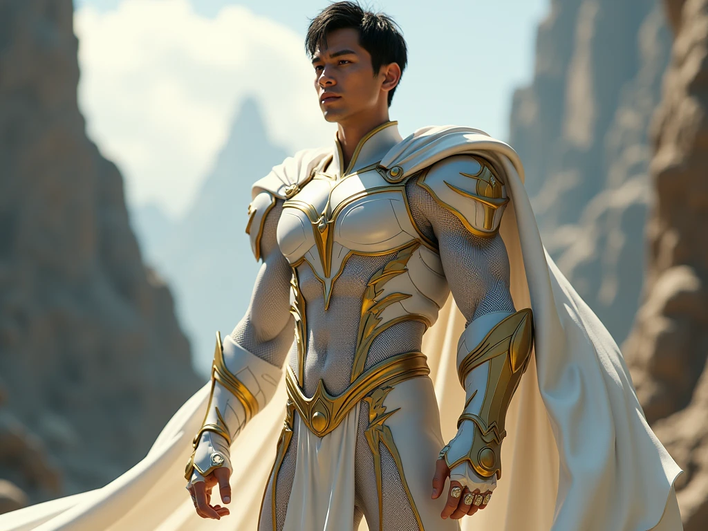 Quarter body photorealistic handsome hunky fractal masculine Helios  wearing a white with gold  transparent crystal chrome glass trimmings super suit , look at camera, detailed face parts,, sunshine as background, Freestyle Pose, Happy Expression, perfect anatomy, symmetric body,, 18 years old,  :: high detail, a lean athletic body, realistic, human skin, extremely detailed fingers,  chad chin,, masculine, human skin, , gorgeous, Attractive. super bulges in action . camera focus face front 