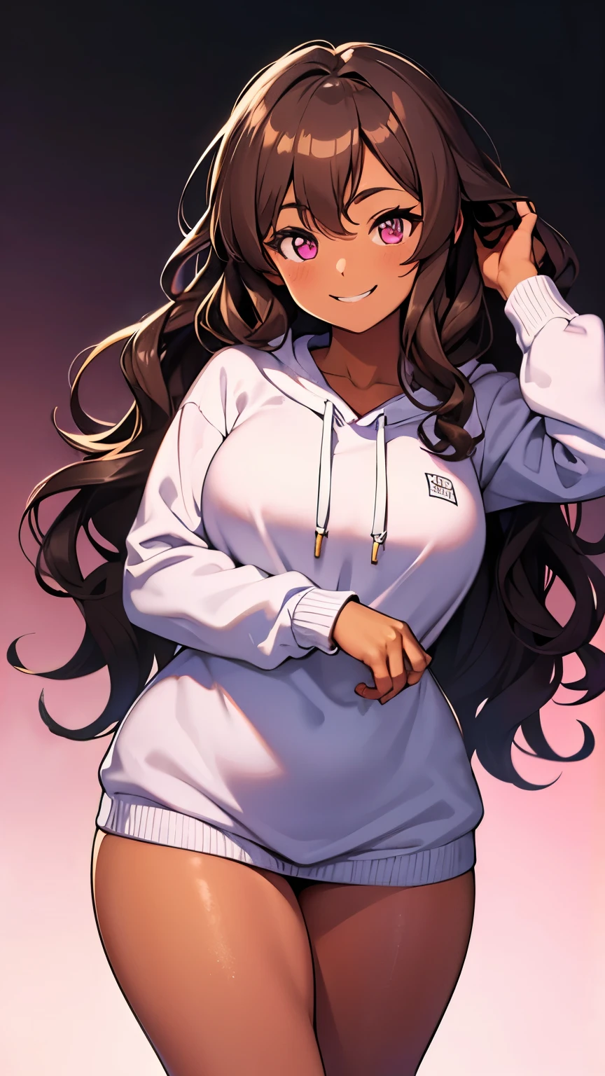 best quality, pastel colors, high details, solo girl, 1girl, 18s, anime girl, chubby body, dark skin, long curly hair, brown hair, pink eyes, white sweatshirt, smiling, wide hips, ((wavy hair, long hair))