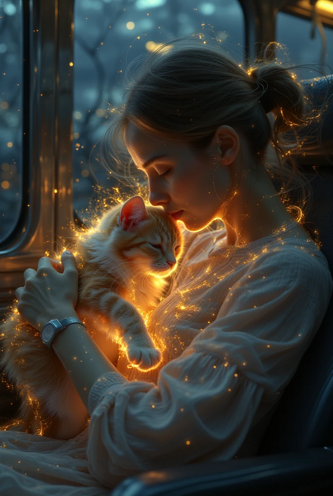 ((masterpiece, highest quality, Highest image quality, High resolution, photorealistic, Raw photo, Extremely detailed CG unified 8k wallpaper)), Cute Animals' Journey, a long-distance bus late at night, a kitten looking out the window on the lap of a sleeping woman,
