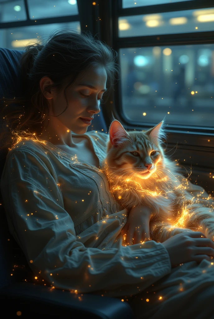 ((masterpiece, highest quality, Highest image quality, High resolution, photorealistic, Raw photo, Extremely detailed CG unified 8k wallpaper)), Cute Animals' Journey, a long-distance bus late at night, a kitten looking out the window on the lap of a sleeping woman,