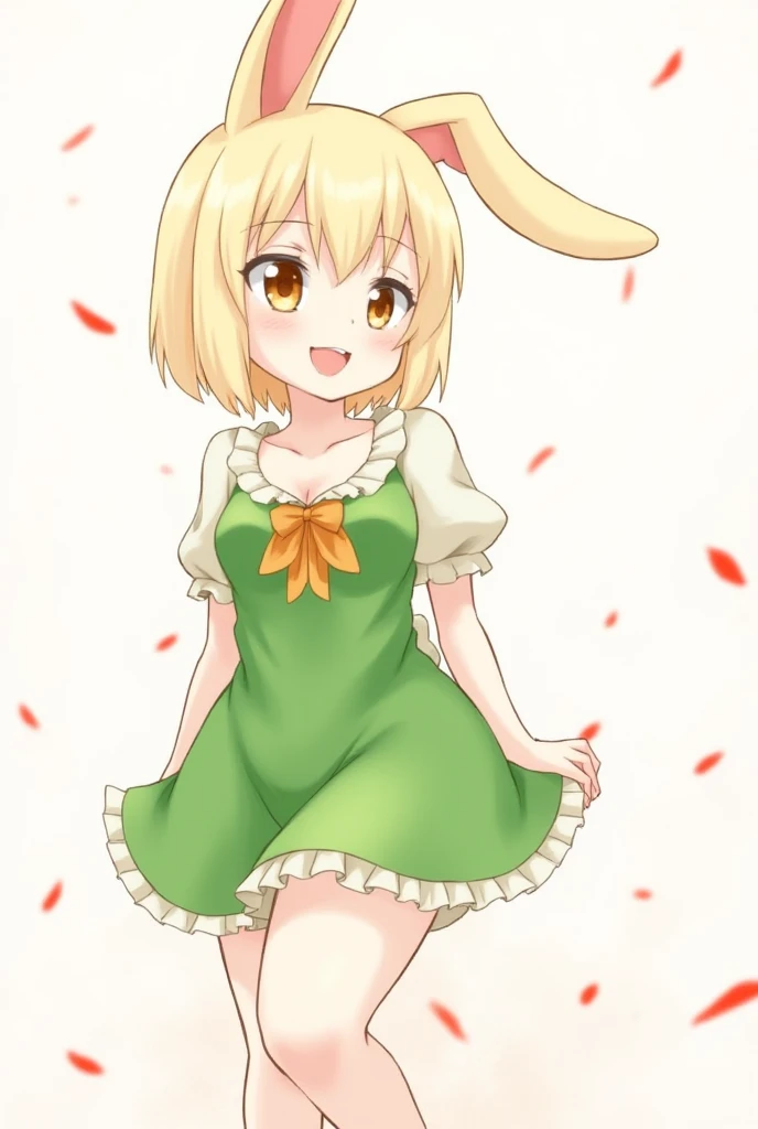 ringo \(touhou\), blonde hair, short hair, cabbie hat, orange shirt, navel, rabbit ears, red eyes, collarbone, frilled dress, farting, butt, bottomless, squatting, from behind,