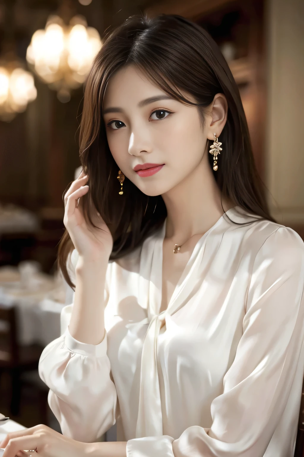 masterpiece, highest quality, Realistic, Very detailed, Finer details, High resolution, 8k wallpaper, One beautiful woman, Wear an elegant see-through blouse, In a great restaurant, At night, Light brown messy hair, Perfect dynamic composition, Beautiful and beautiful eyes、Big earrings、Sitting in a chair、