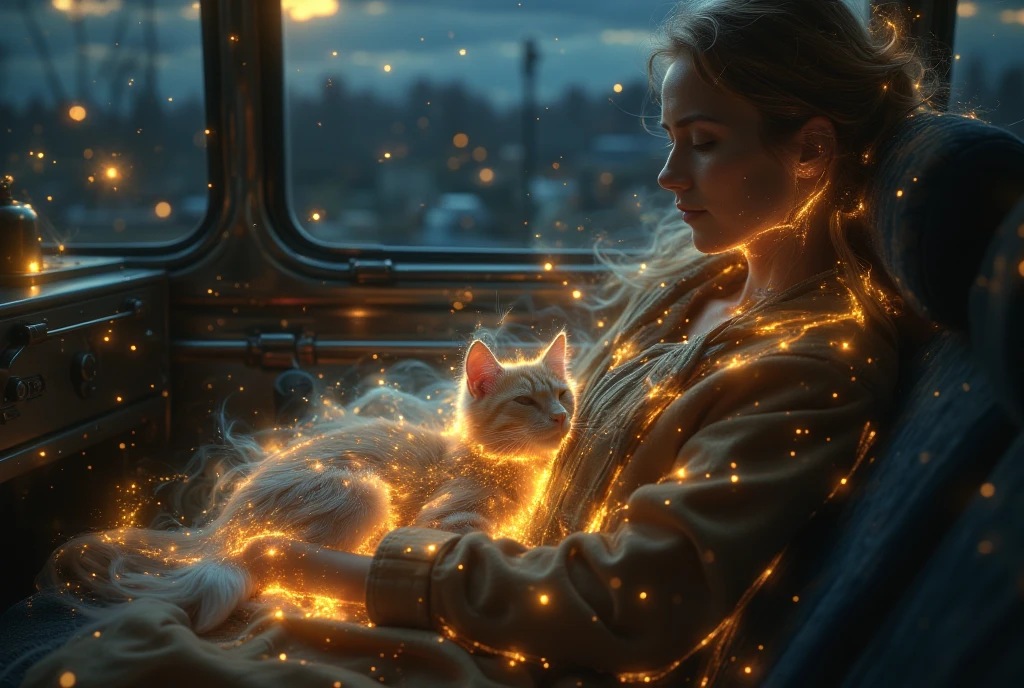 ((masterpiece, highest quality, Highest image quality, High resolution, photorealistic, Raw photo, Extremely detailed CG unified 8k wallpaper)), Cute Animals' Journey, a long-distance bus late at night, a kitten looking out the window on the lap of a sleeping woman,