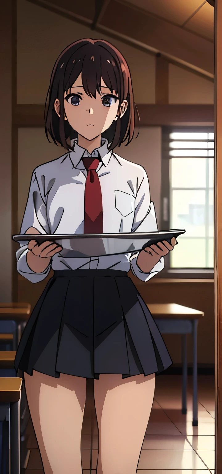 anime school girl, holding tray, wearing white shirt , red tie, black skirt, school hall