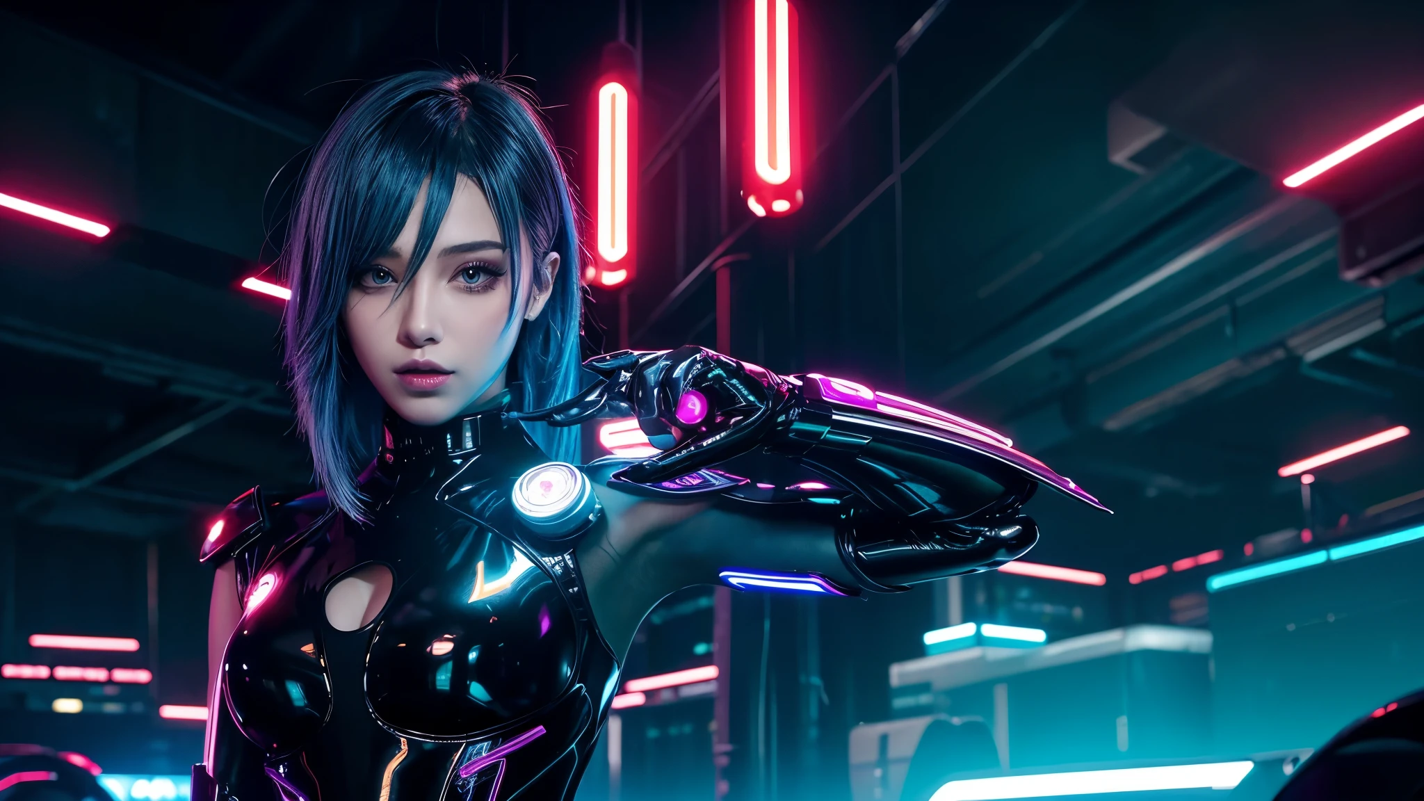 photo, high quality, (close-up shot of 1girl), to8contrast style,mechanical arms, cyborg, slime colored skin, liquid slime skin, arms up, face mask, slime girl, red eyes,(((alone in the darkness, night tokyo background, unlit, hard shadows, deep contrast))), pantyhose, blue lights, modelshoot style, small breasts,(extremely detailed CG unity 8k wallpaper), full body, most beautiful artwork in the world, trending on ArtStation, trending on CGSociety, Intricate, High Detail, Sharp focus, dramatic, night starry sky, photorealistic painting art by midjourney and ilya kuvshinov,