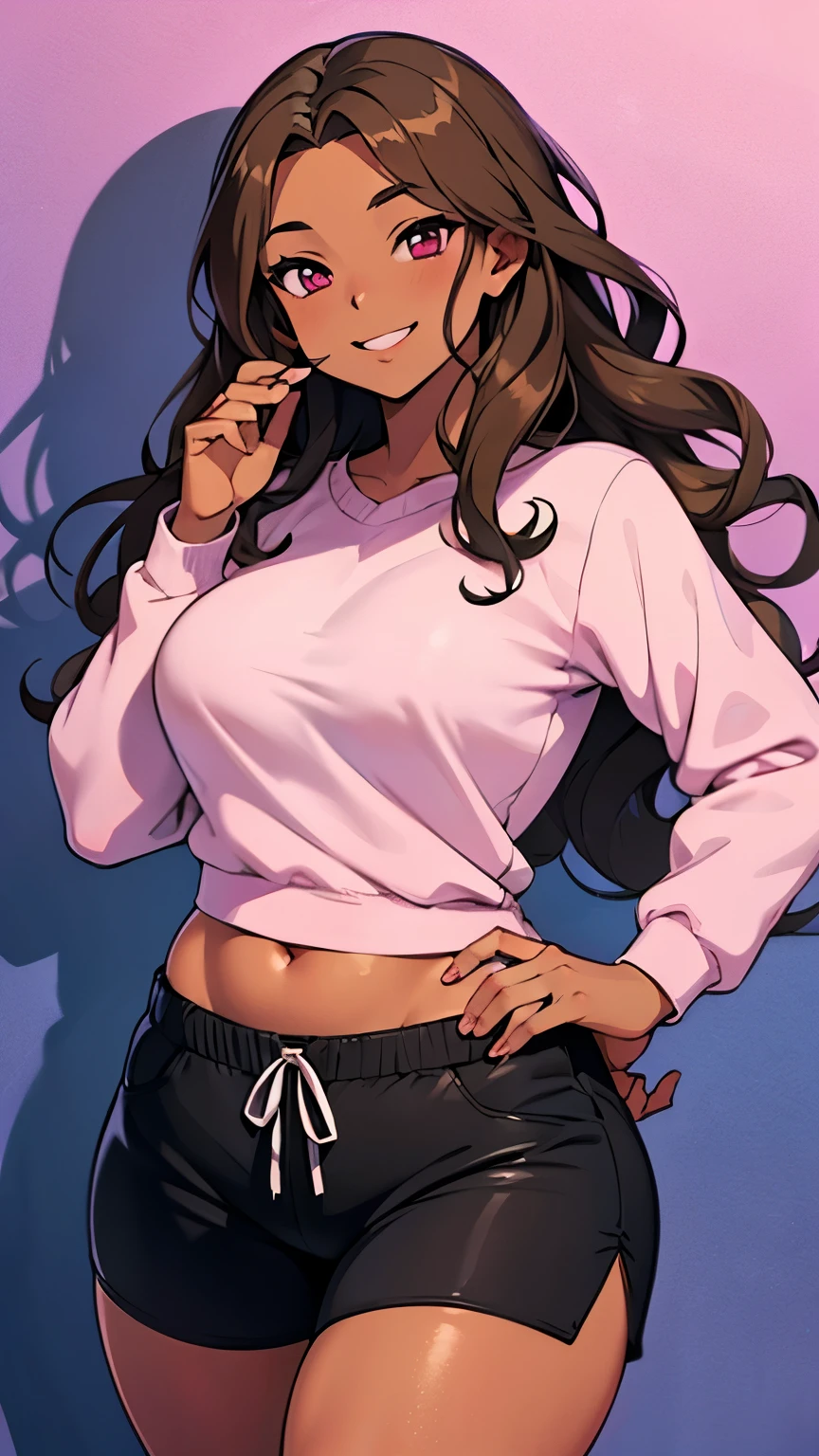 best quality, pastel colors, high details, solo girl, 1girl, 18s, anime girl, chubby body, dark skin, long curly hair, brown hair, pink eyes, white sweatshirt, smiling, wide hips, ((wavy hair, long hair)), black shorts